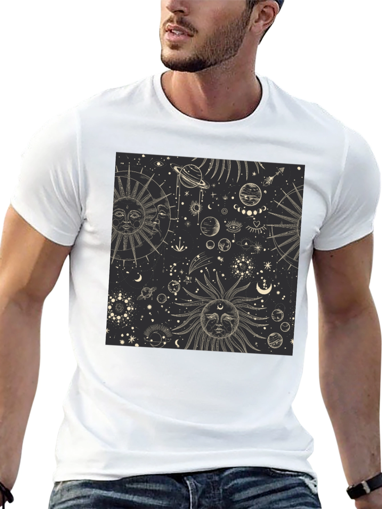 Celestial Sun & Moon Graphic Print Black T-Shirt