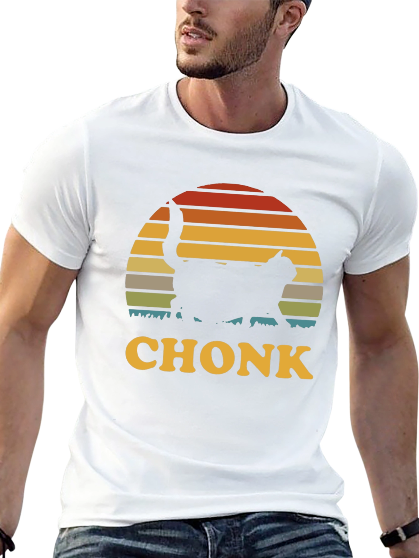 Chonk Cat T-Shirt - Retro Sunset Design