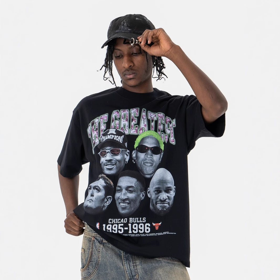 Short Sleeve Loose T-Shirt with Portrait and Letter Print