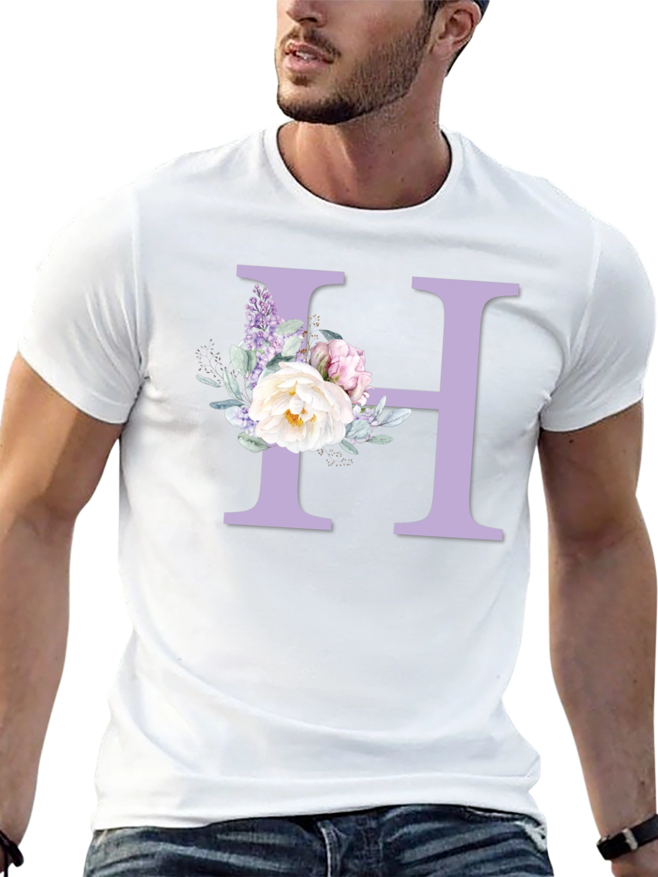 Floral Letter H Black T-shirt