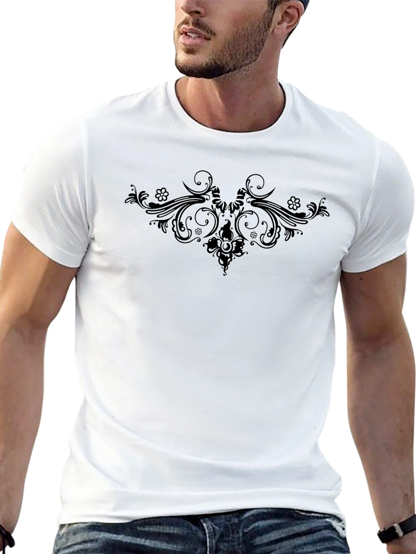 Mens Black Tee with Subtle Floral Design