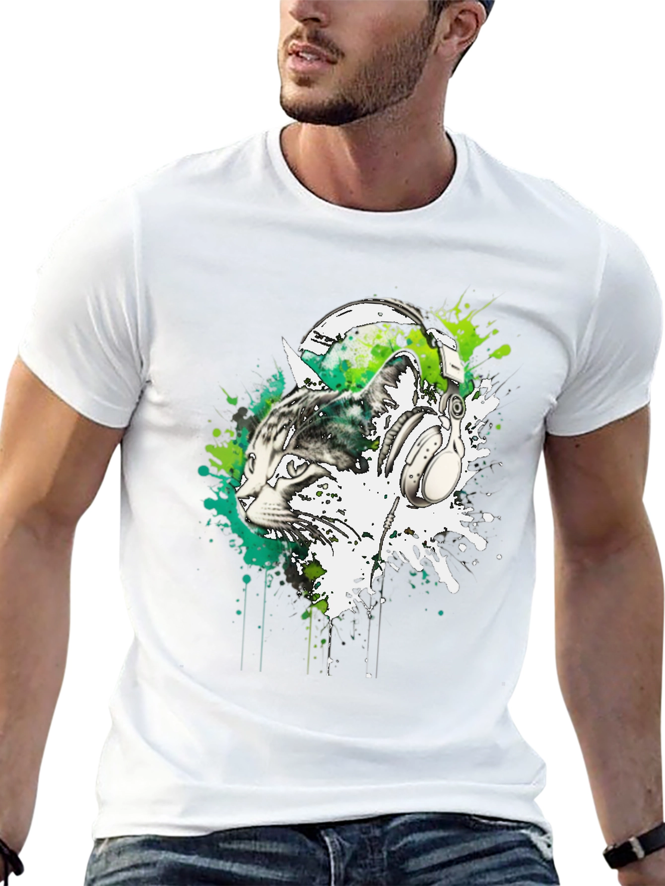 Cat DJ Graphic Tee - Black Cotton Blend