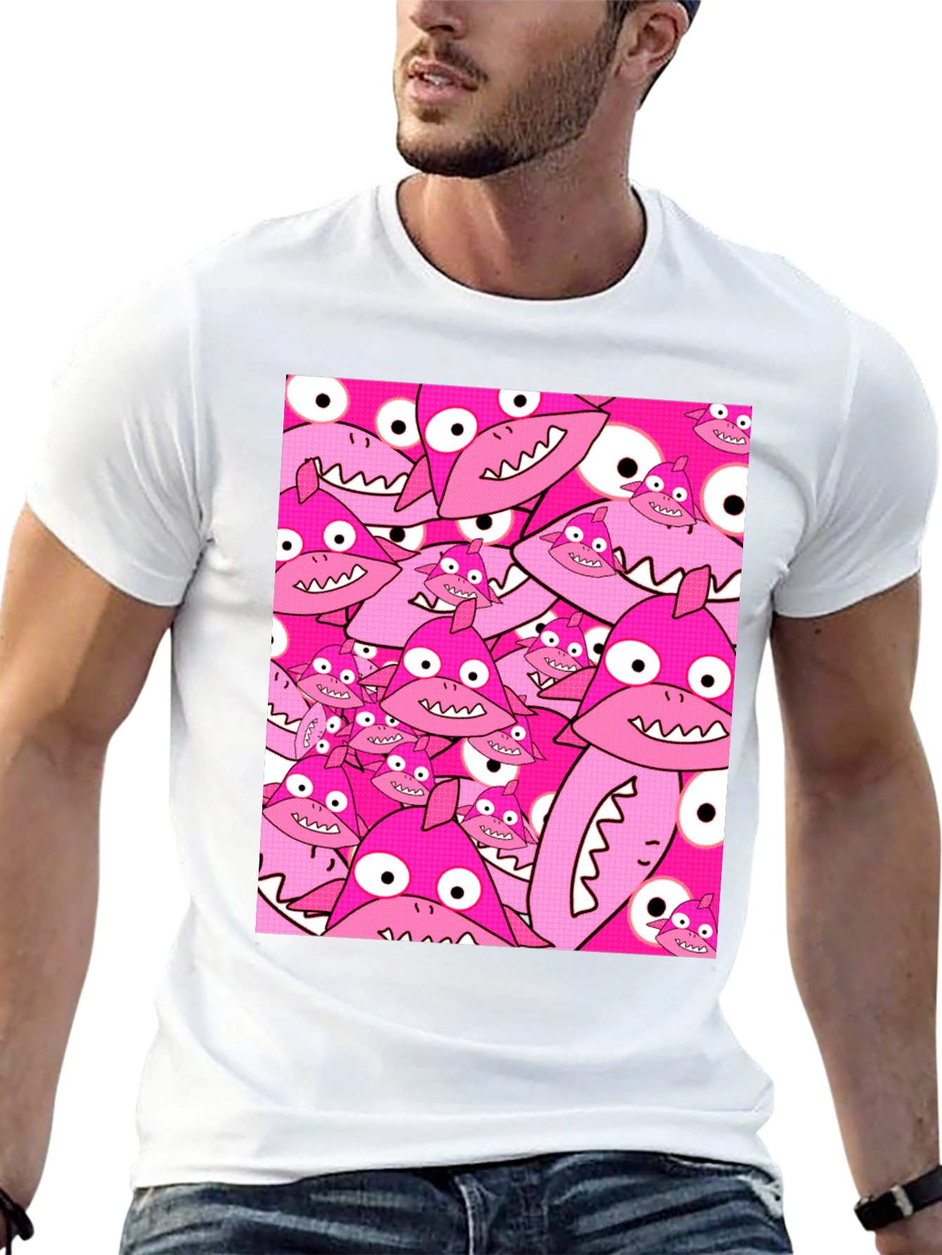 Pink Shark Pattern Black T-Shirt