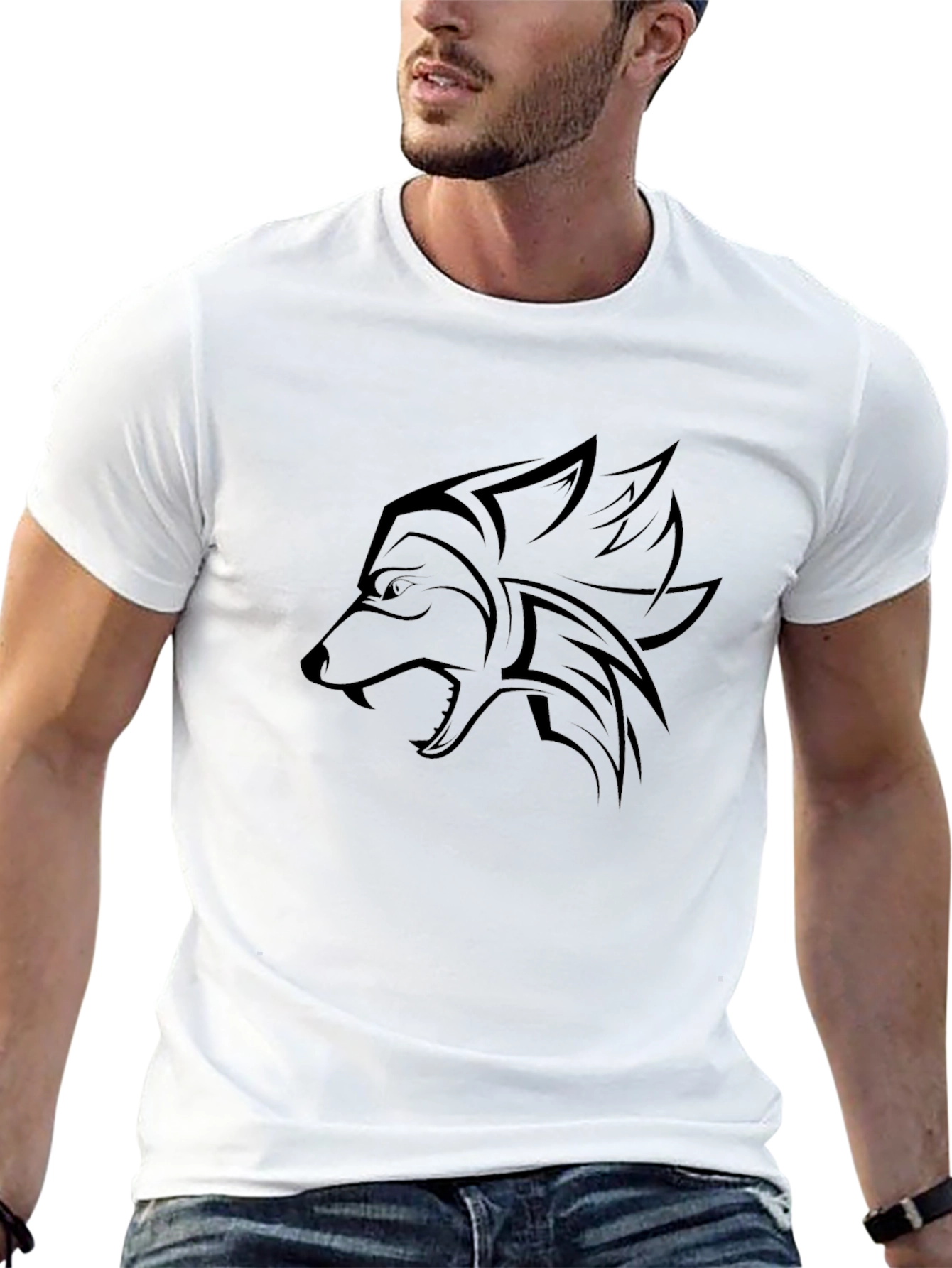 Mens Black T-Shirt with Wolf Design