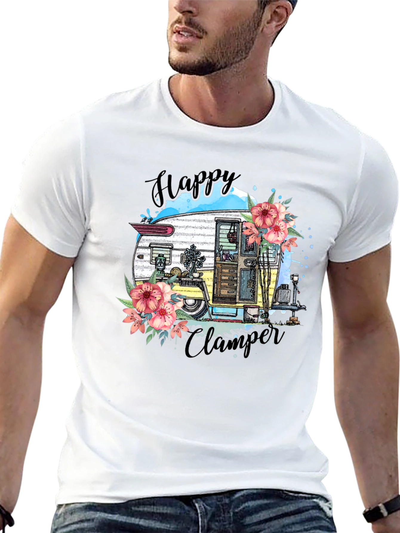 Happy Camper T-Shirt - Floral RV Graphic Tee