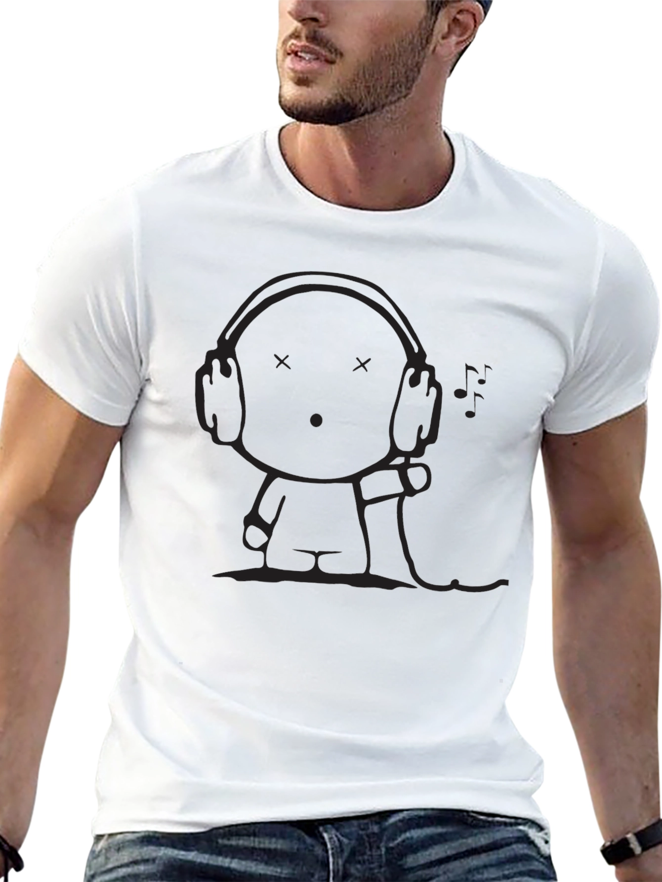 Mens Black T-Shirt - Cartoon Headphone Graphic
