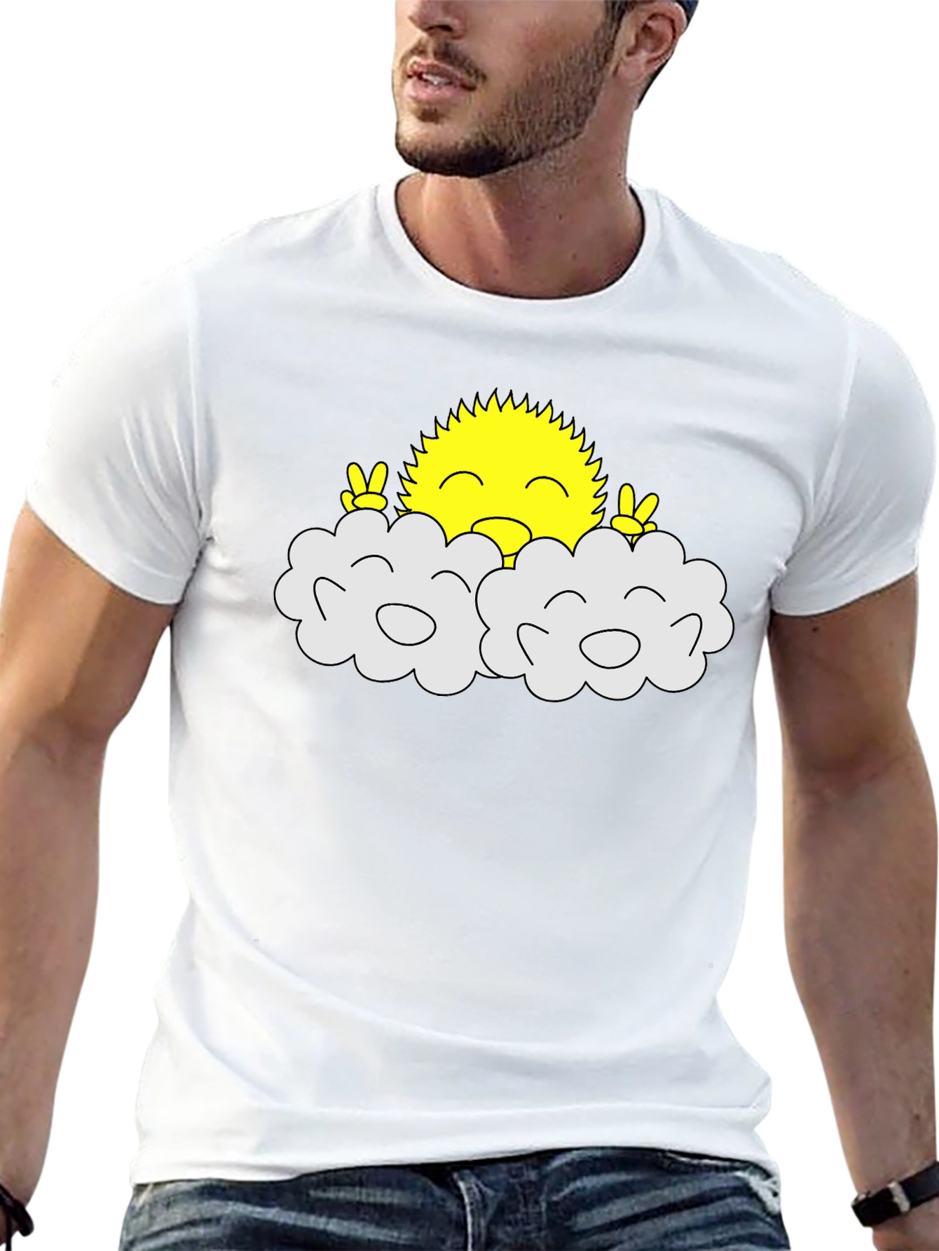 Happy Sun Peeking Out of Clouds Black T-Shirt