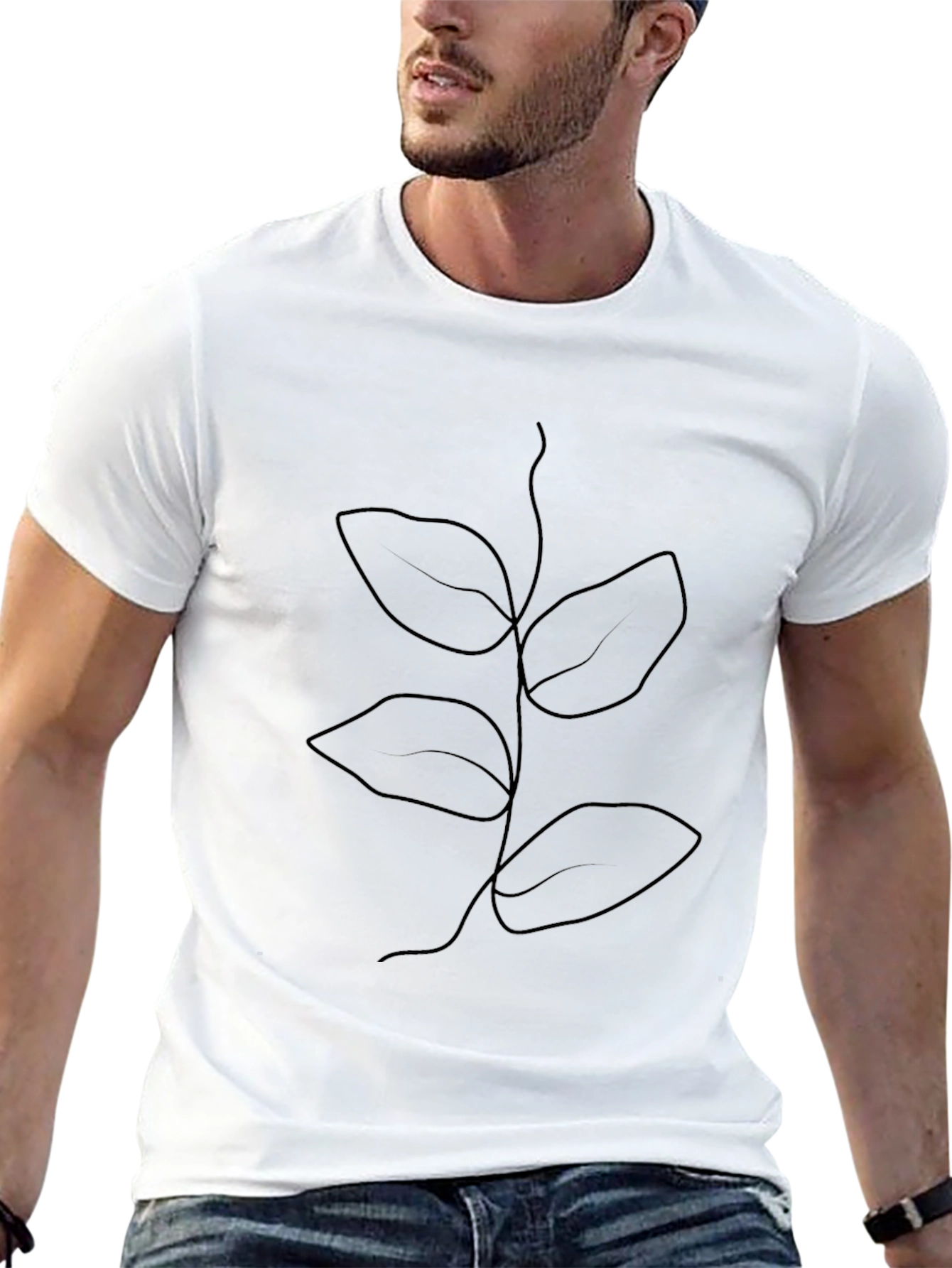 Minimalist Plant Line Art Black T-Shirt