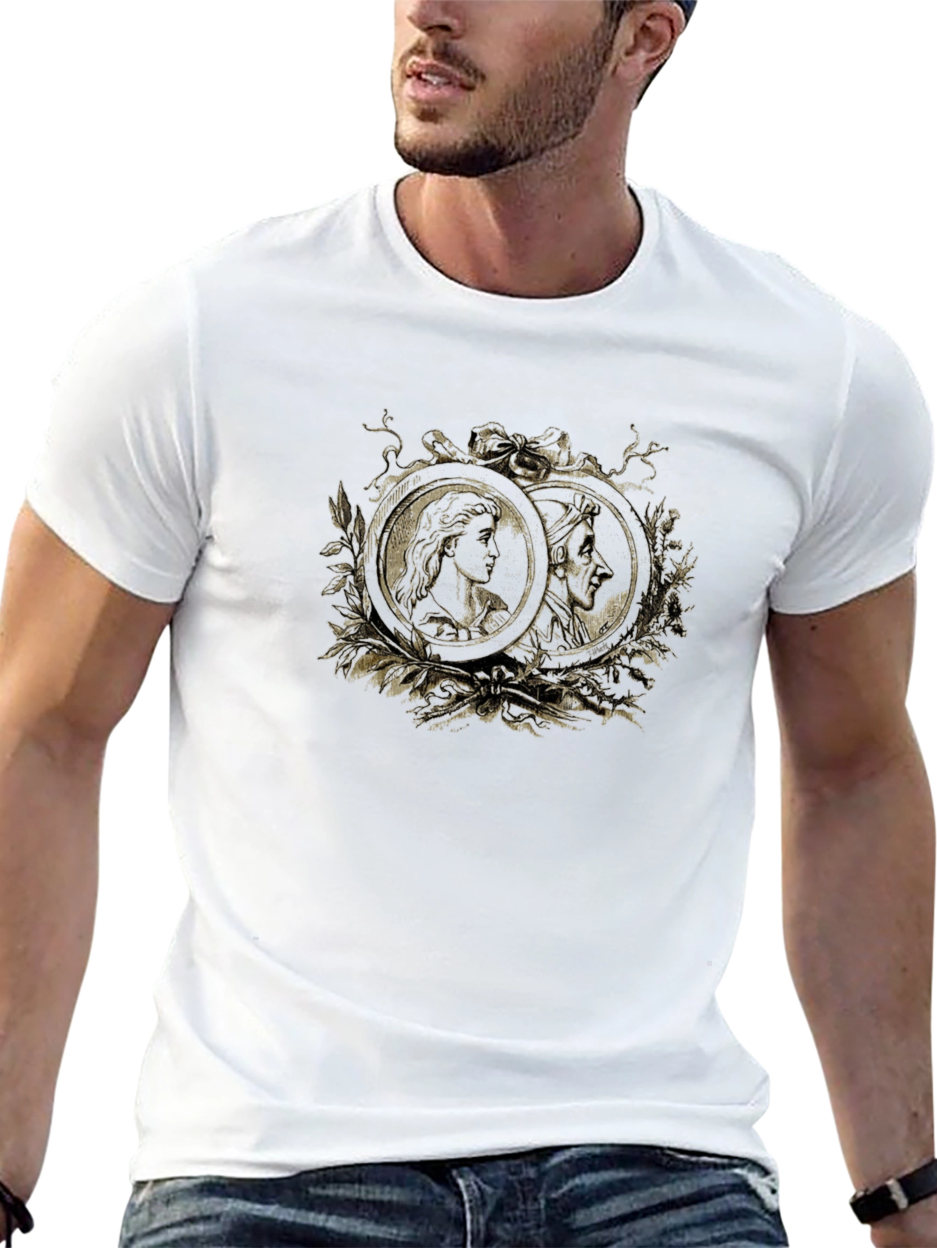 Ornate Cameo Style Graphic Print Black T-Shirt