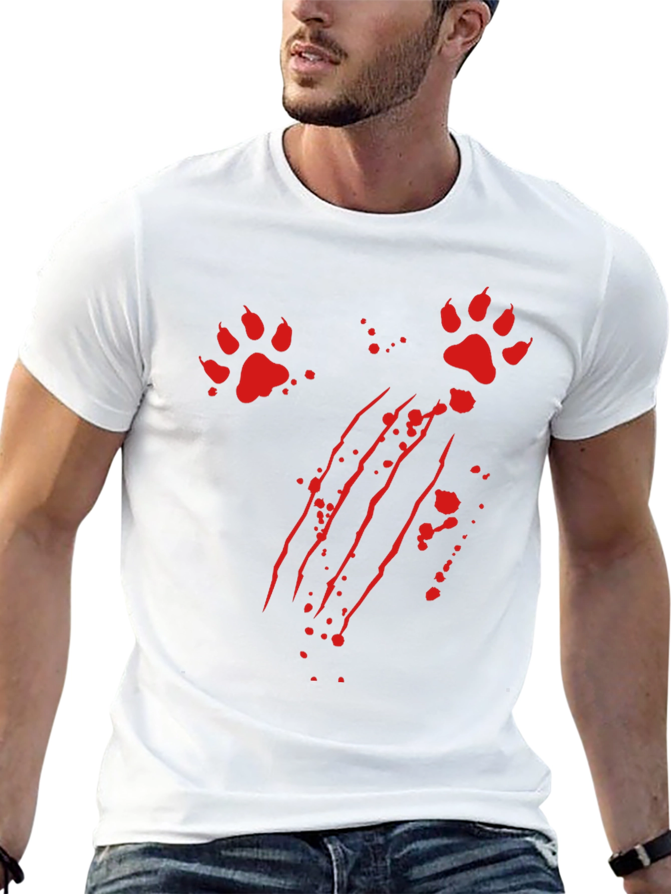 Mens Black T-Shirt with Claw Marks and Paw Prints