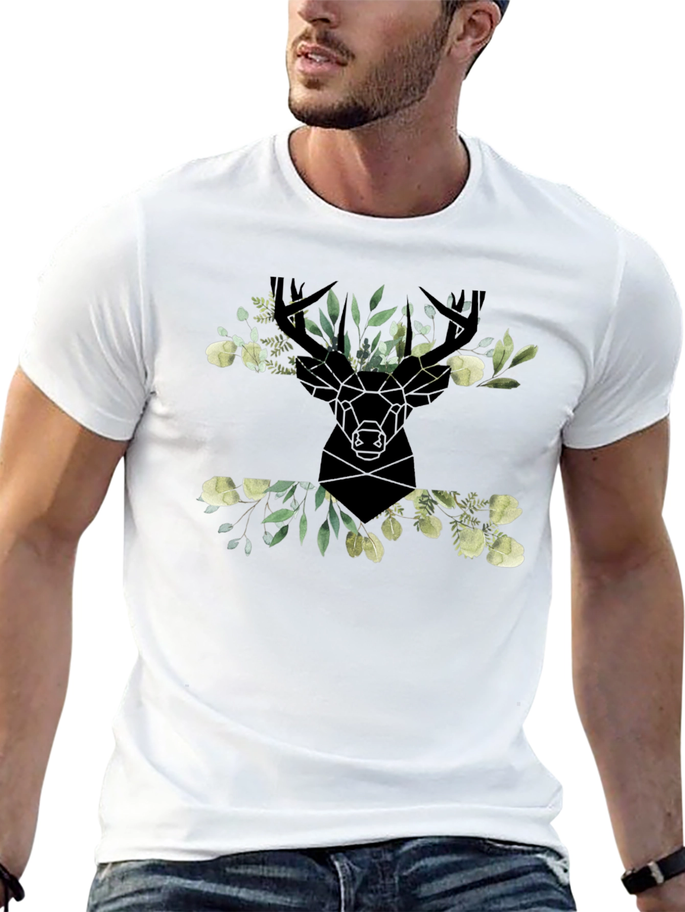 Floral Deer Head Graphic Black T-Shirt