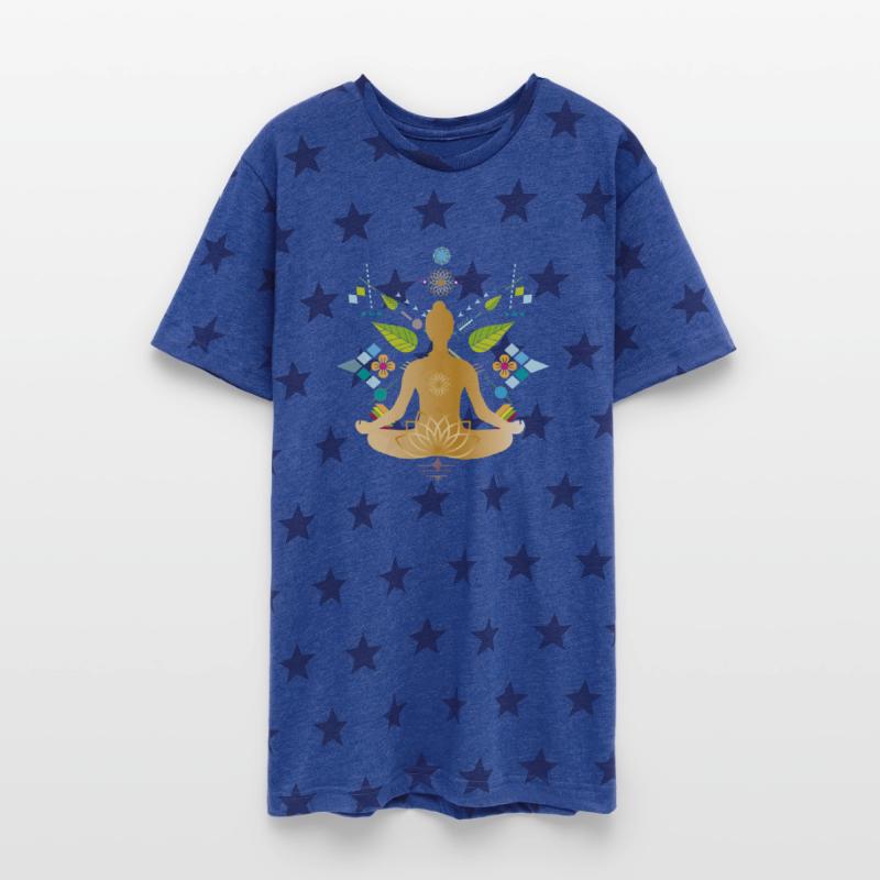 Golden yoga silhouette with colorful elements