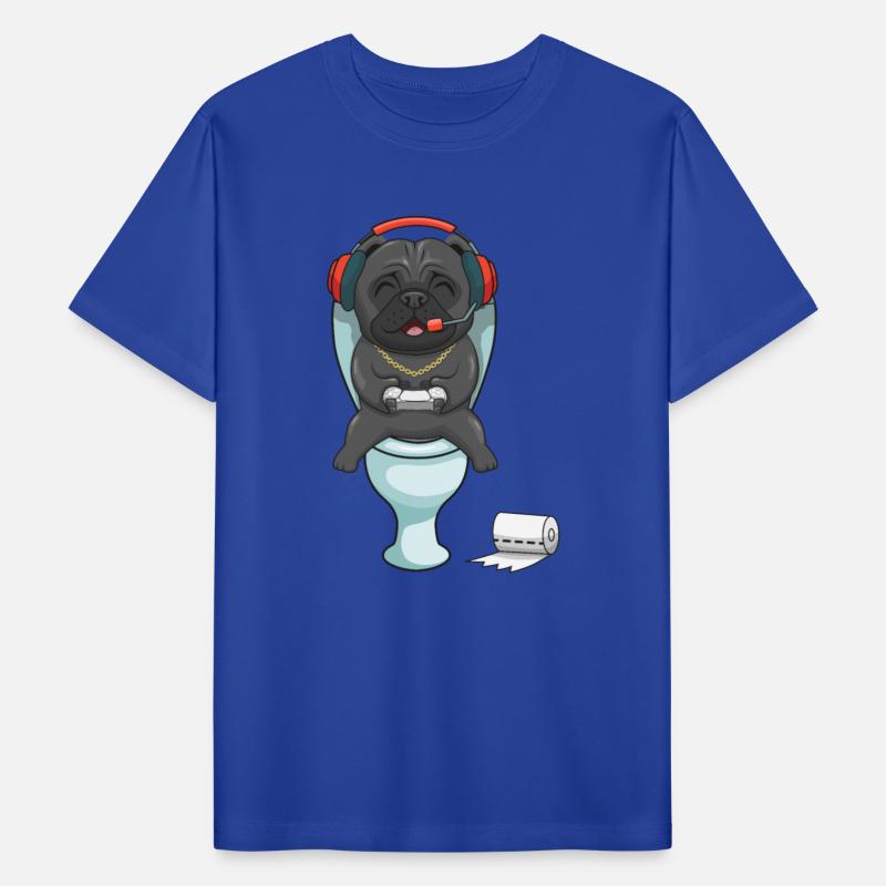 Hardcore gamer pug playing on the toilet
