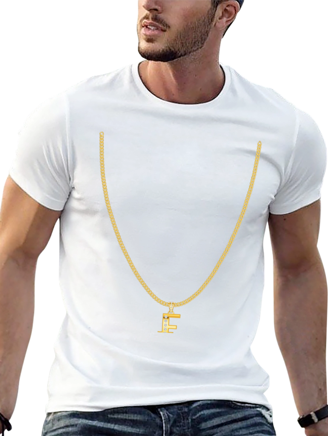 Gold Chain T-Shirt - Letter F Pendant