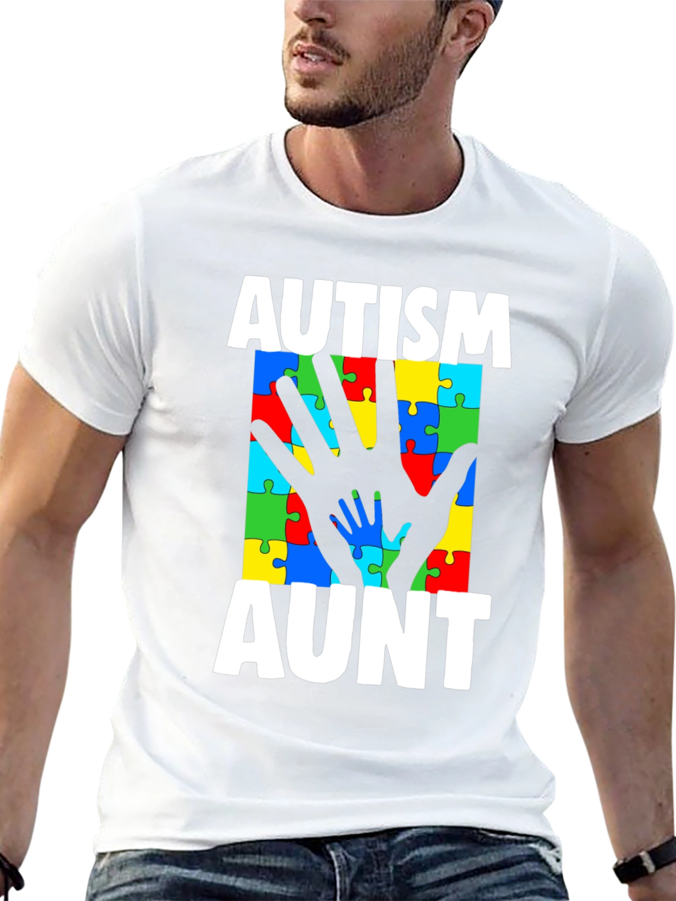 Autism Aunt T-Shirt - Puzzle Piece Hands Design