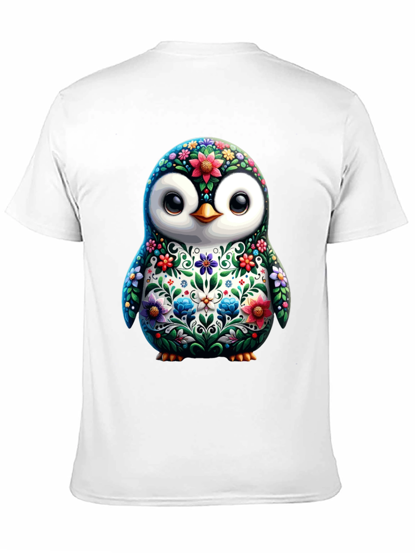 Floral Penguin Graphic Tee - Black Cotton T-Shirt