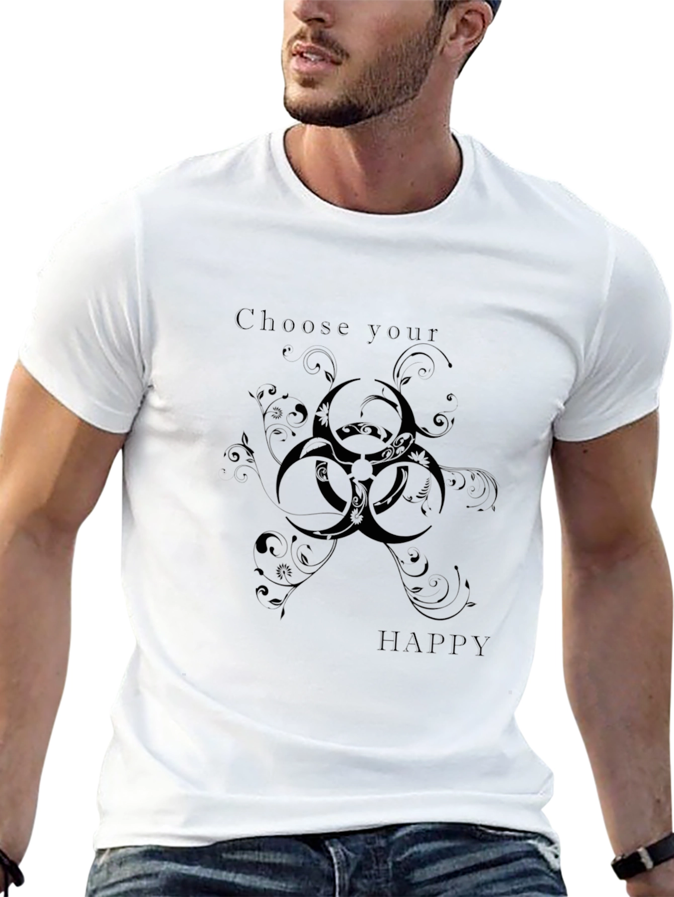 Choose Happy Black T-Shirt with Biohazard Floral Design