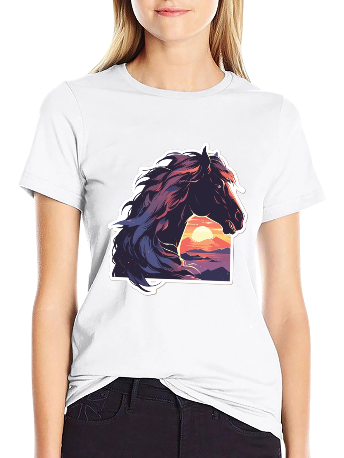 Horse Sunset Graphic Black T-Shirt