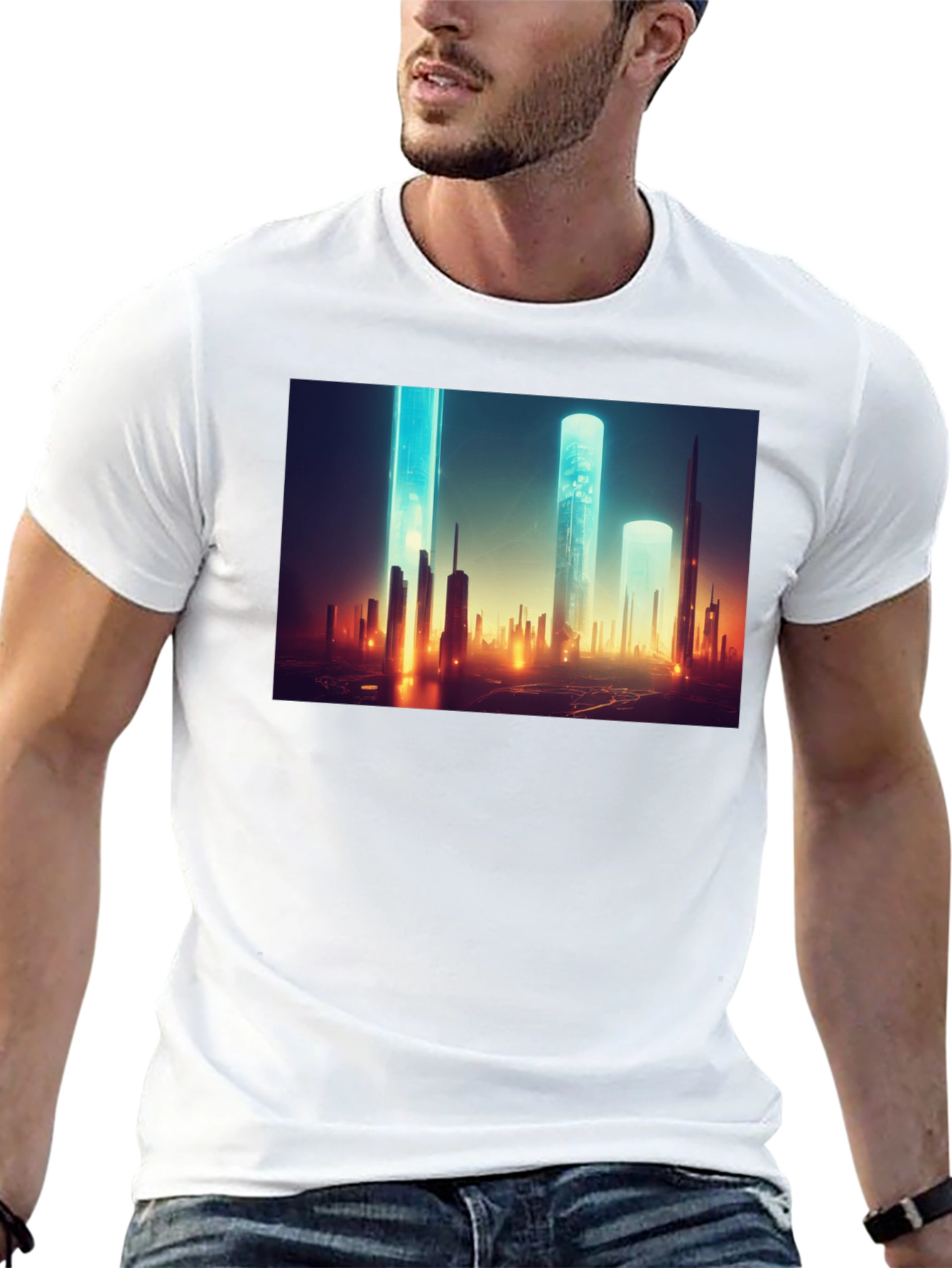 Futuristic Cityscape Graphic Tee - Sleek Black