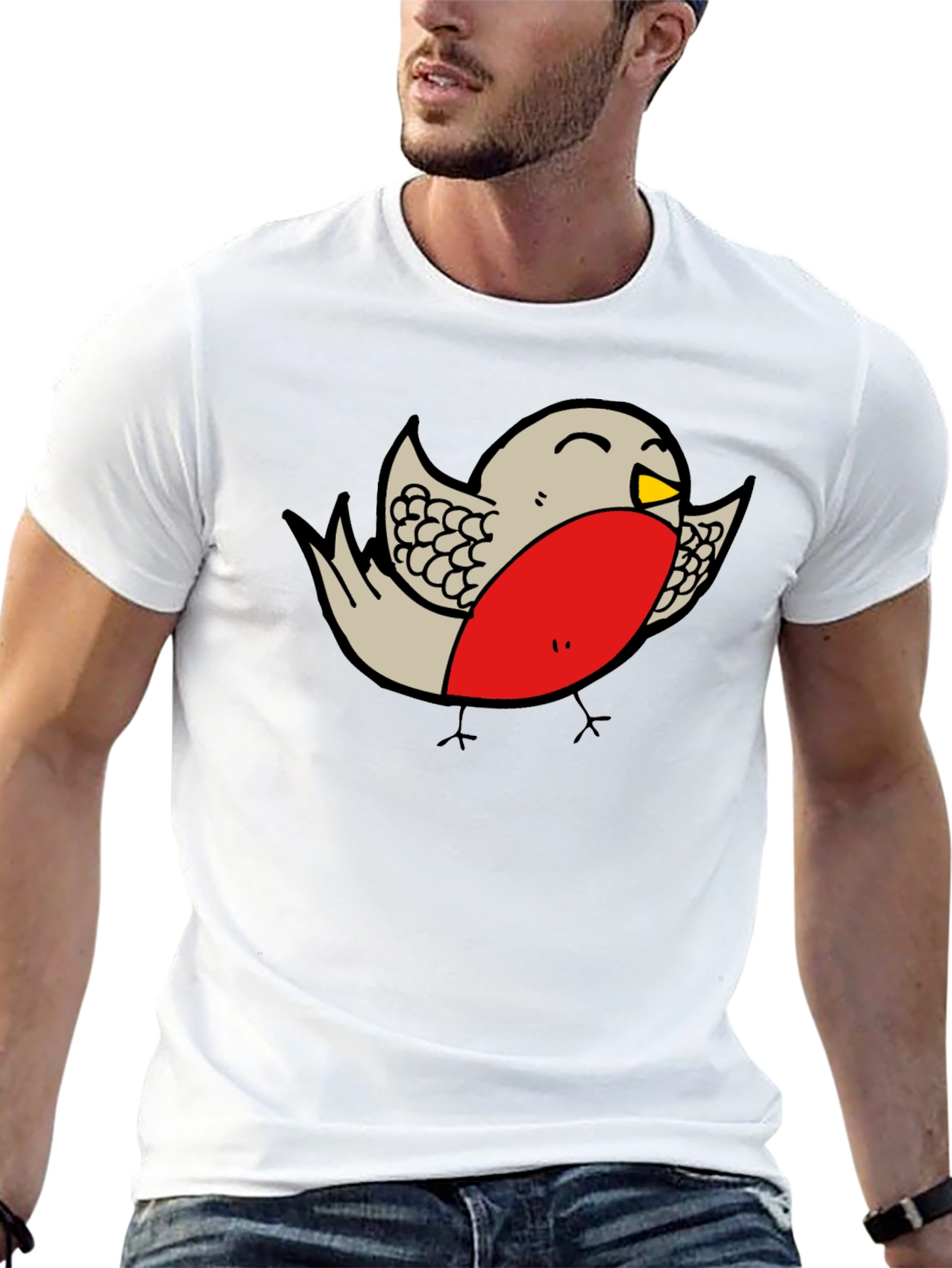 Cartoon Robin Graphic Print Black T-Shirt