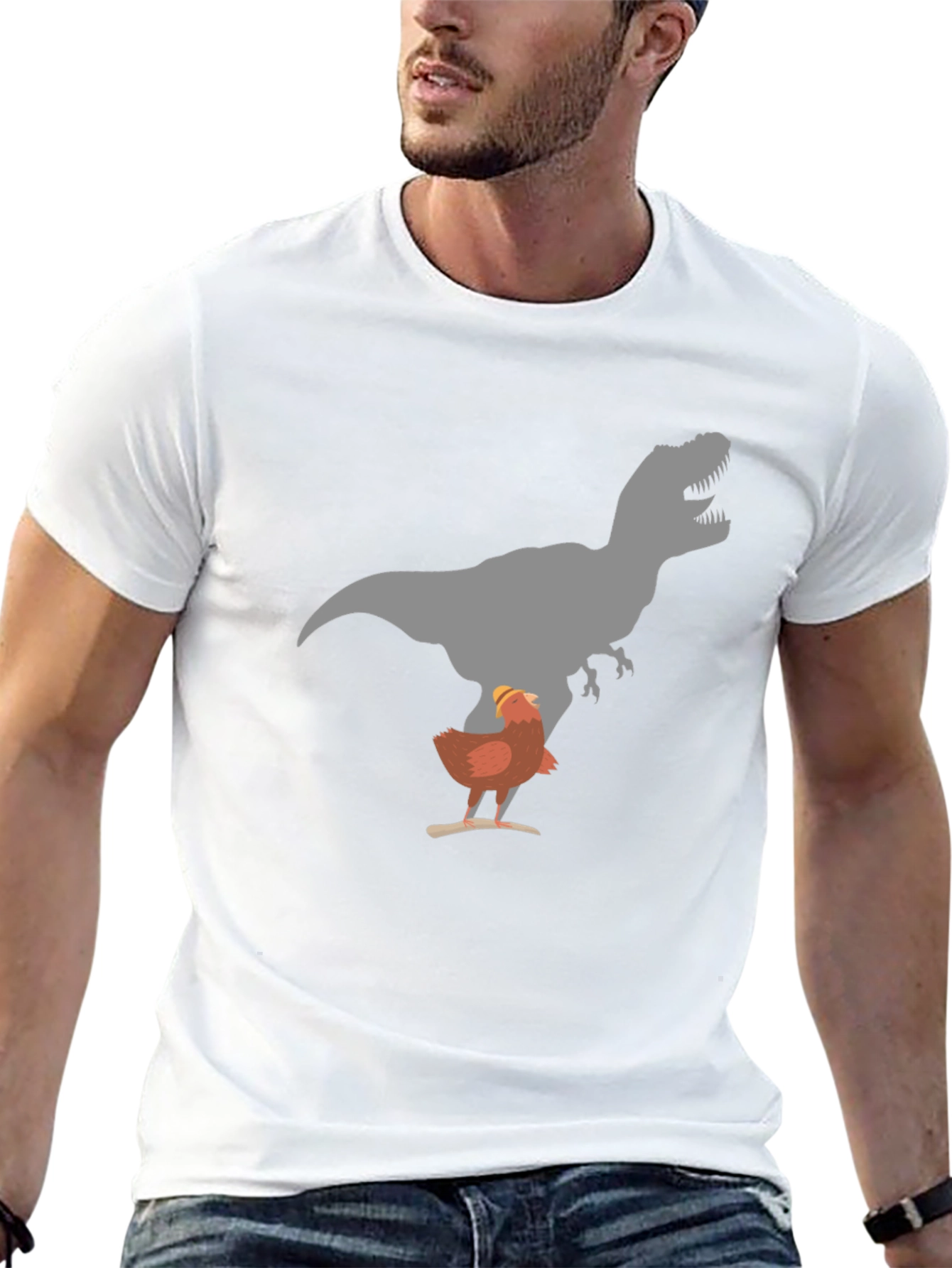 Funny Chicken and T-Rex Graphic Black T-Shirt