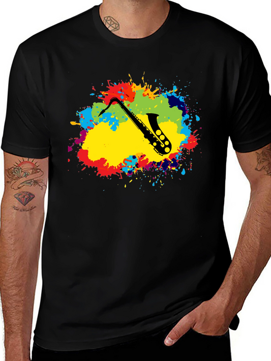 Saxophone Splatter Graphic Tee - Black Cotton Blend