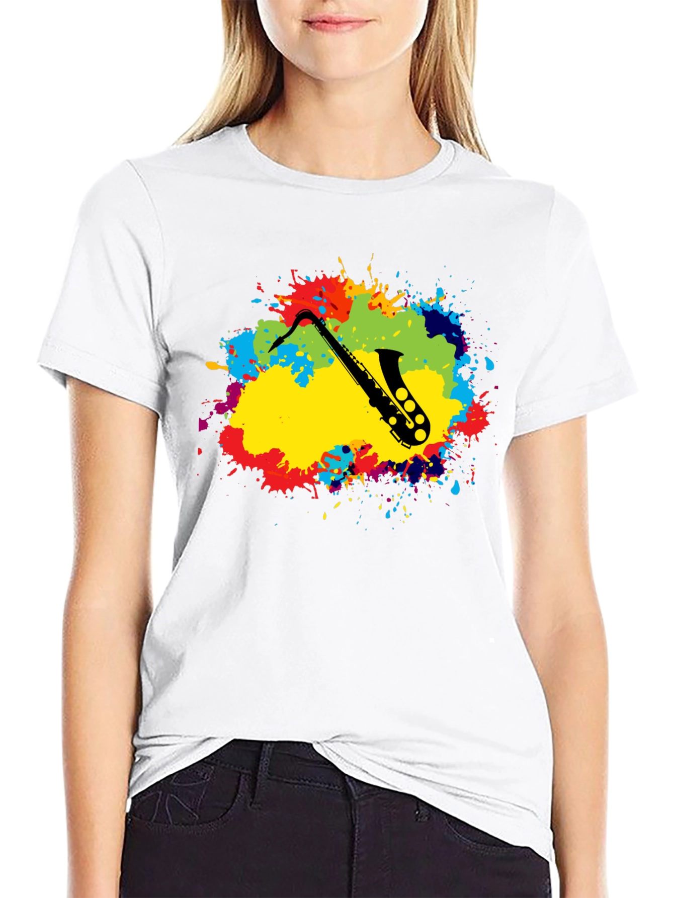 Saxophone Splatter Graphic Tee - Black Cotton Blend