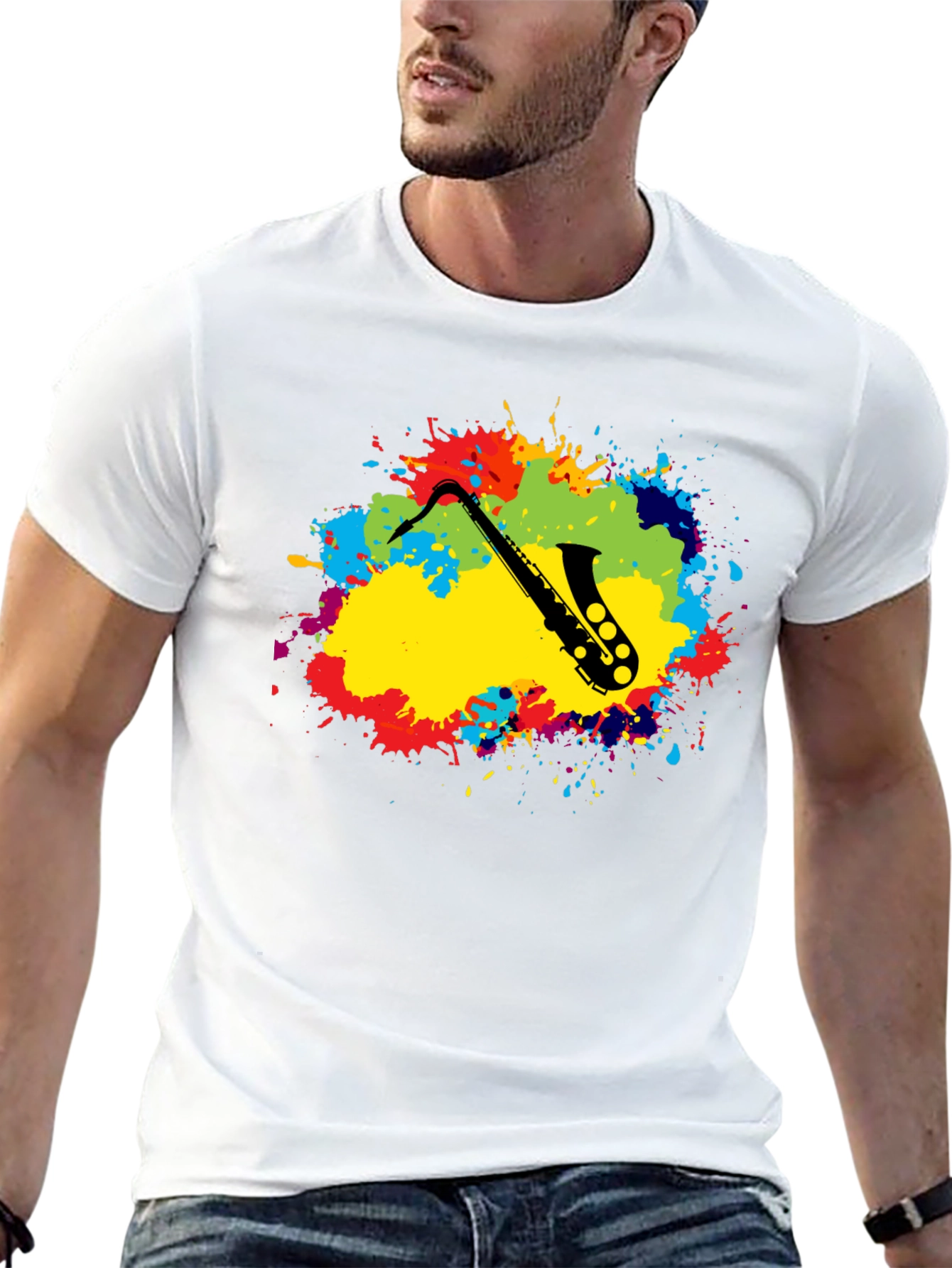 Saxophone Splatter Graphic Tee - Black Cotton Blend