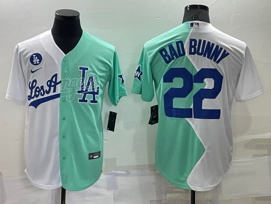 Men's Los Angeles Dodgers Bad Bunny #22 White/Green Replica Baseball Jerseys