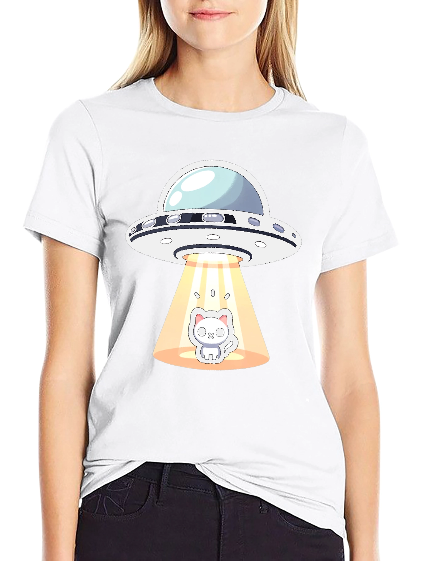UFO Cat Abduction Black T-Shirt
