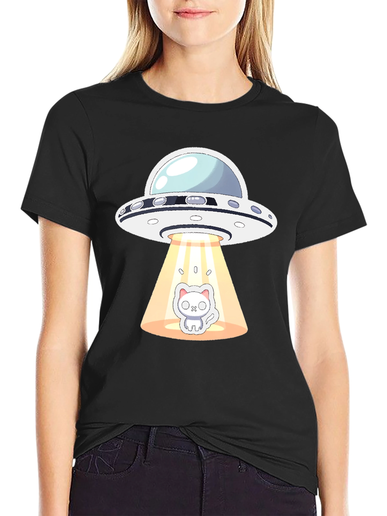 UFO Cat Abduction Black T-Shirt