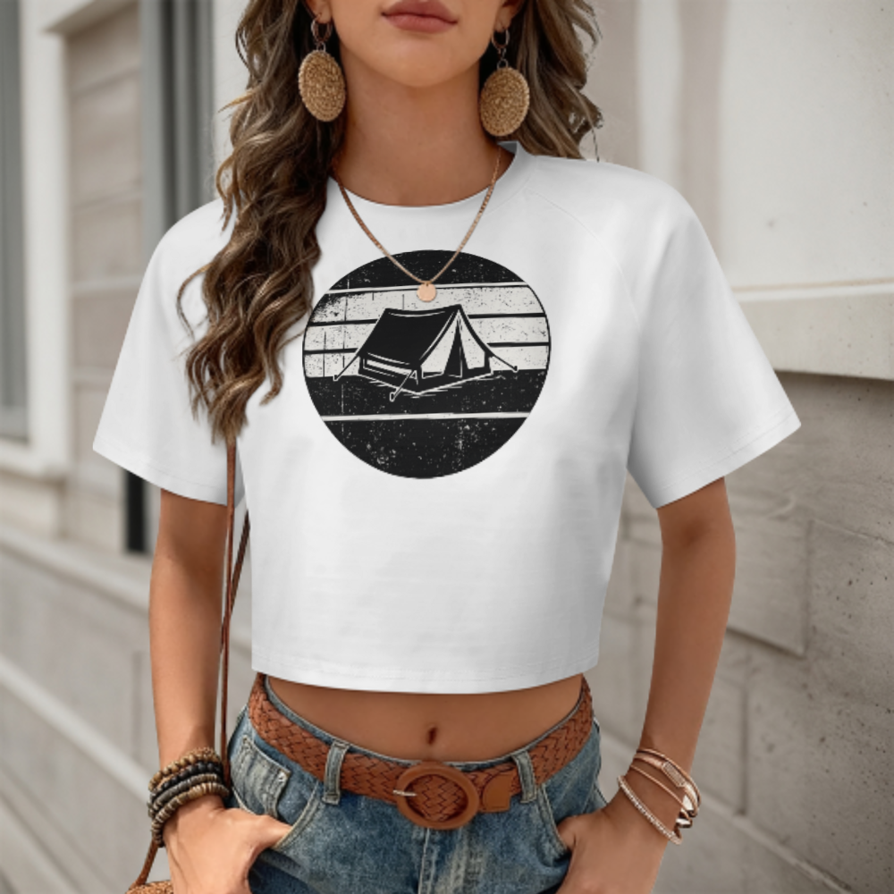 Vintage Camping Graphic Crop T-Shirt – Retro Outdoor Adventure Aesthetic Tee for Women(z291)