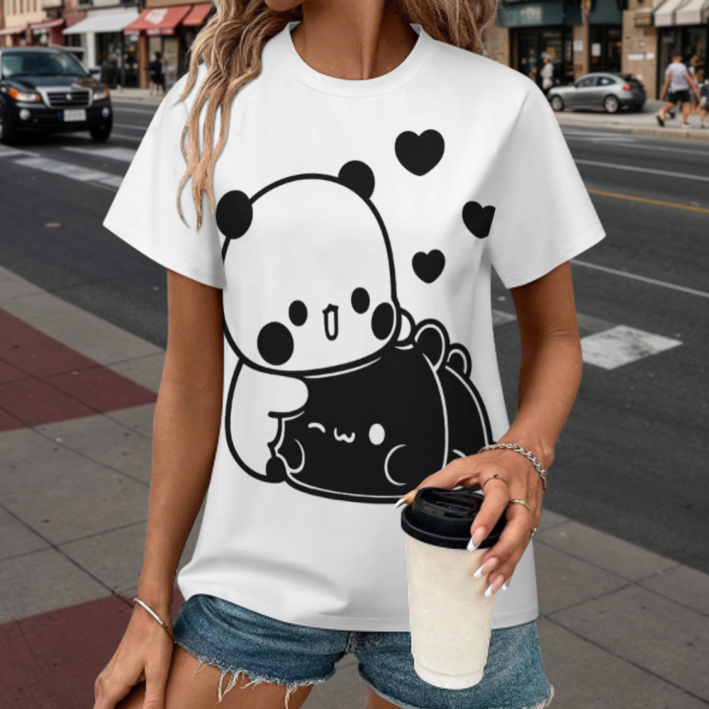 Cute Panda Hug Graphic T-Shirt – Kawaii Cartoon Aesthetic Casual Tee for Women(z301)