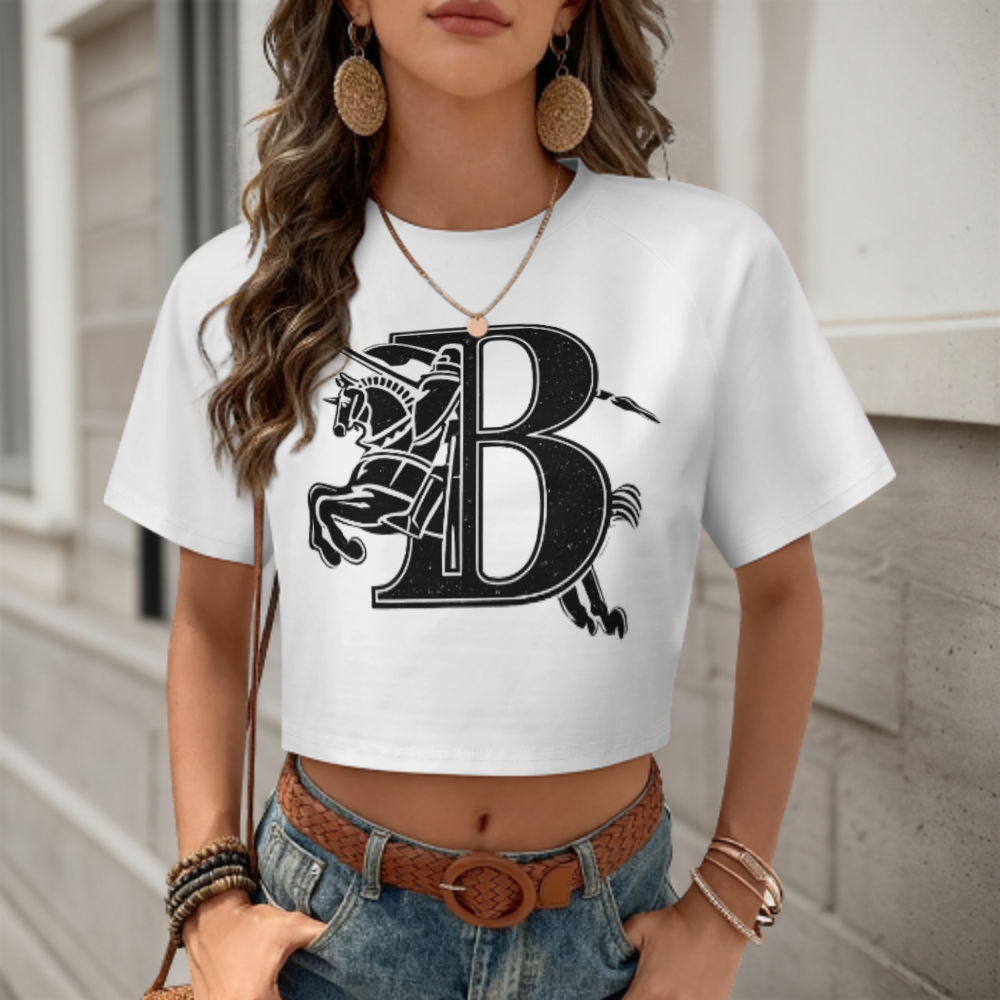 Knight Horse “B” Logo Graphic Crop T-Shirt – Vintage Luxury Streetwear Tee for Women(z295)