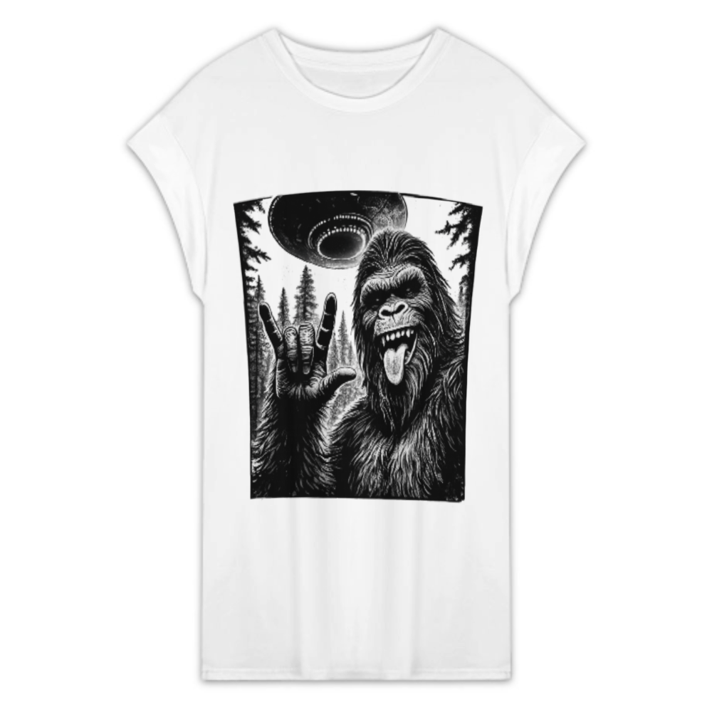 Bigfoot UFO Graphic Tee Dress – Funny Sasquatch Alien Streetwear Oversized Shirt(z274)