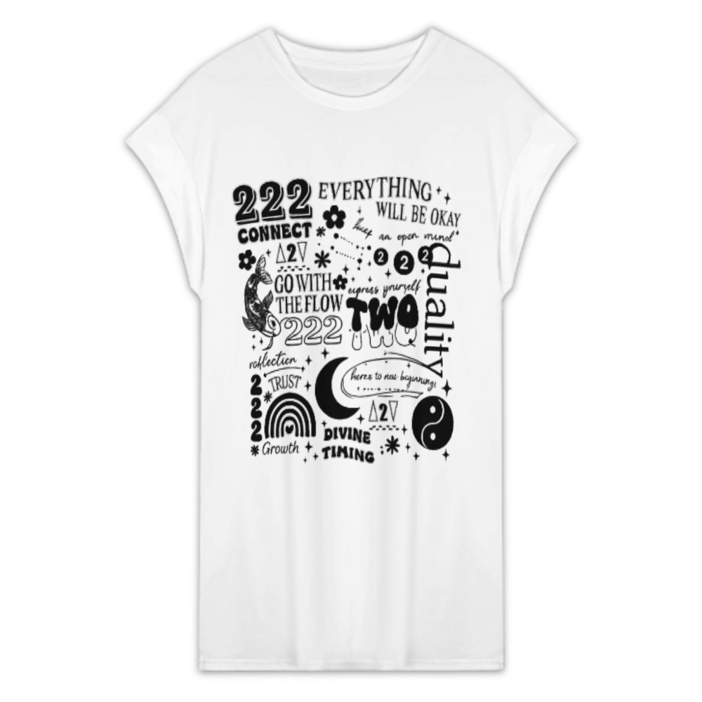 222 Angel Number Spiritual Graphic Tee Dress – Positive Energy & Divine Timing Oversized Shirt(z273)