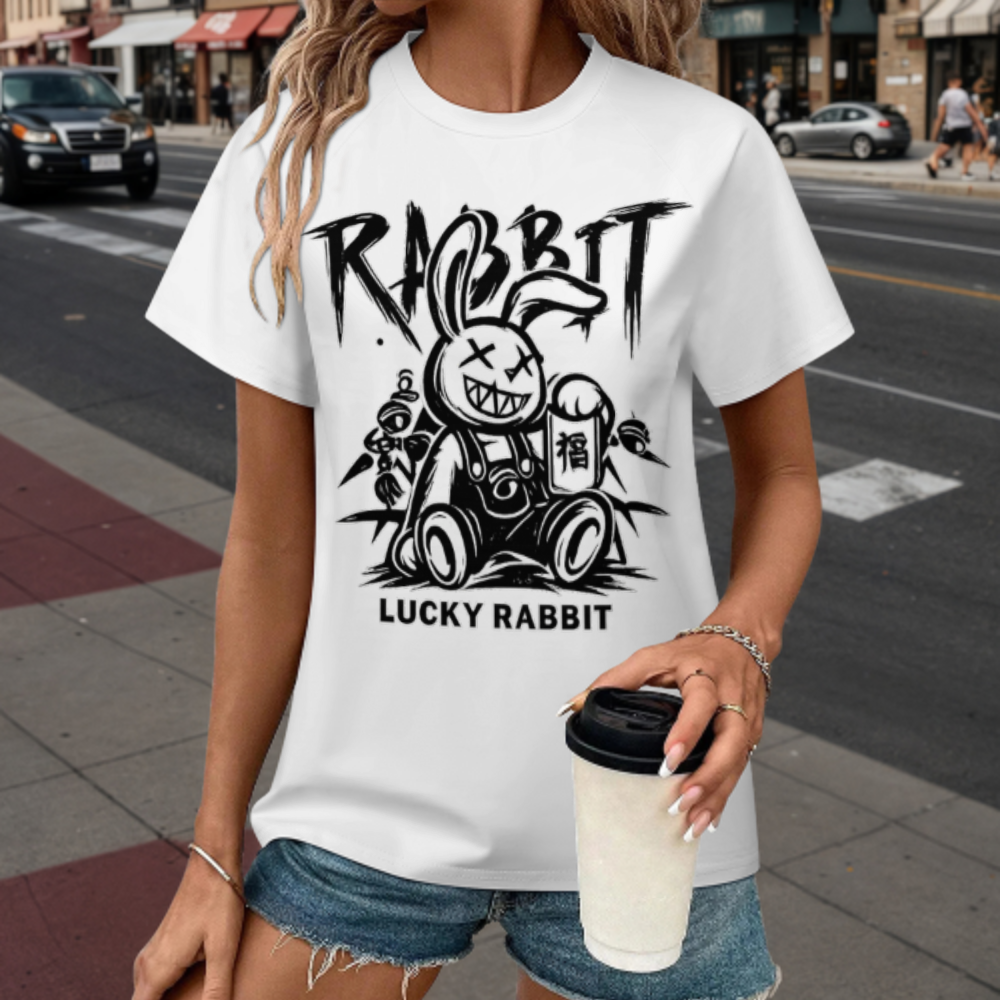 Lucky Rabbit Graffiti Graphic Tee – Street Style Cartoon Bunny Punk Shirt(z309)
