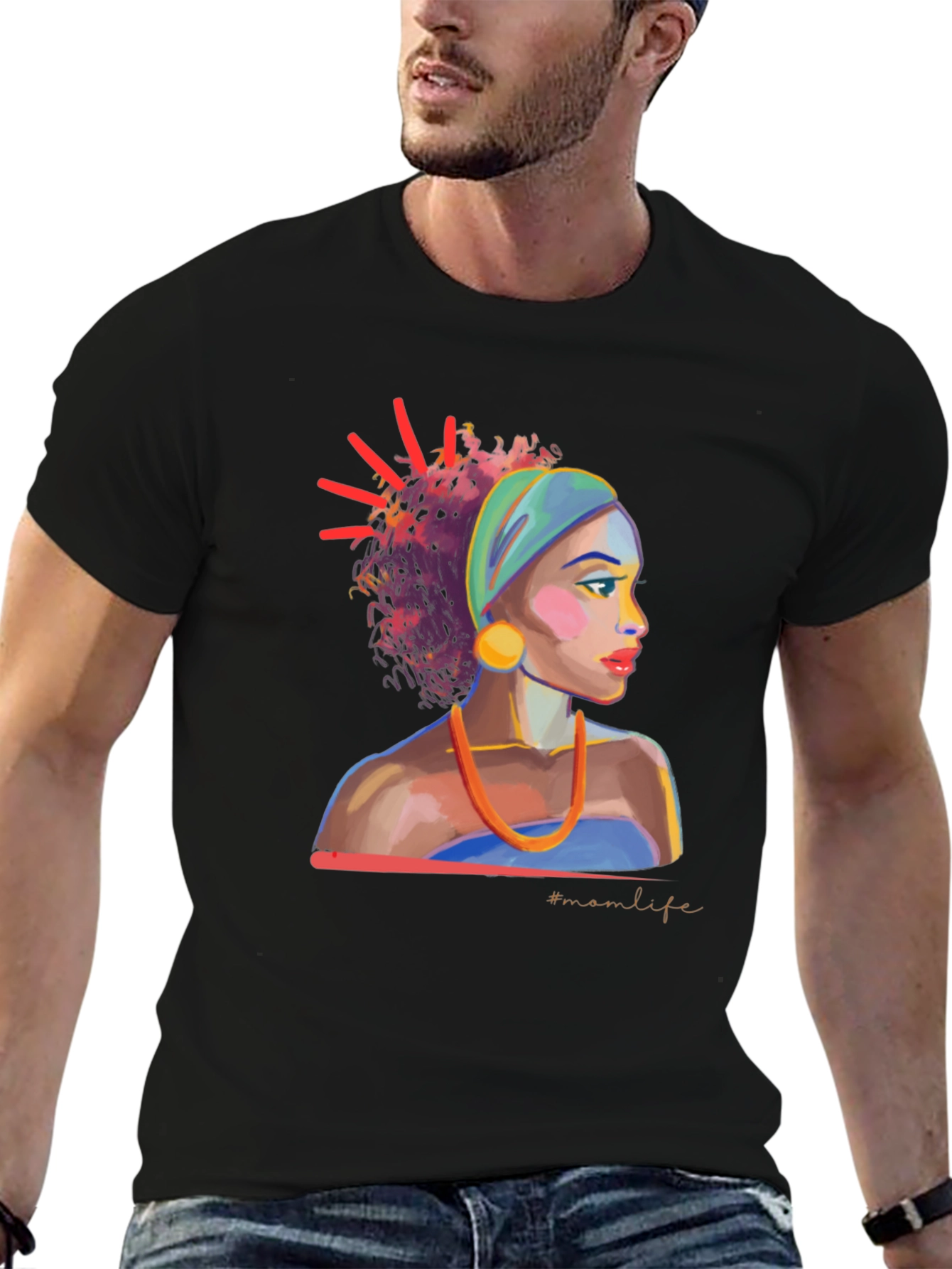 Stylish Black T-Shirt with Woman Portrait