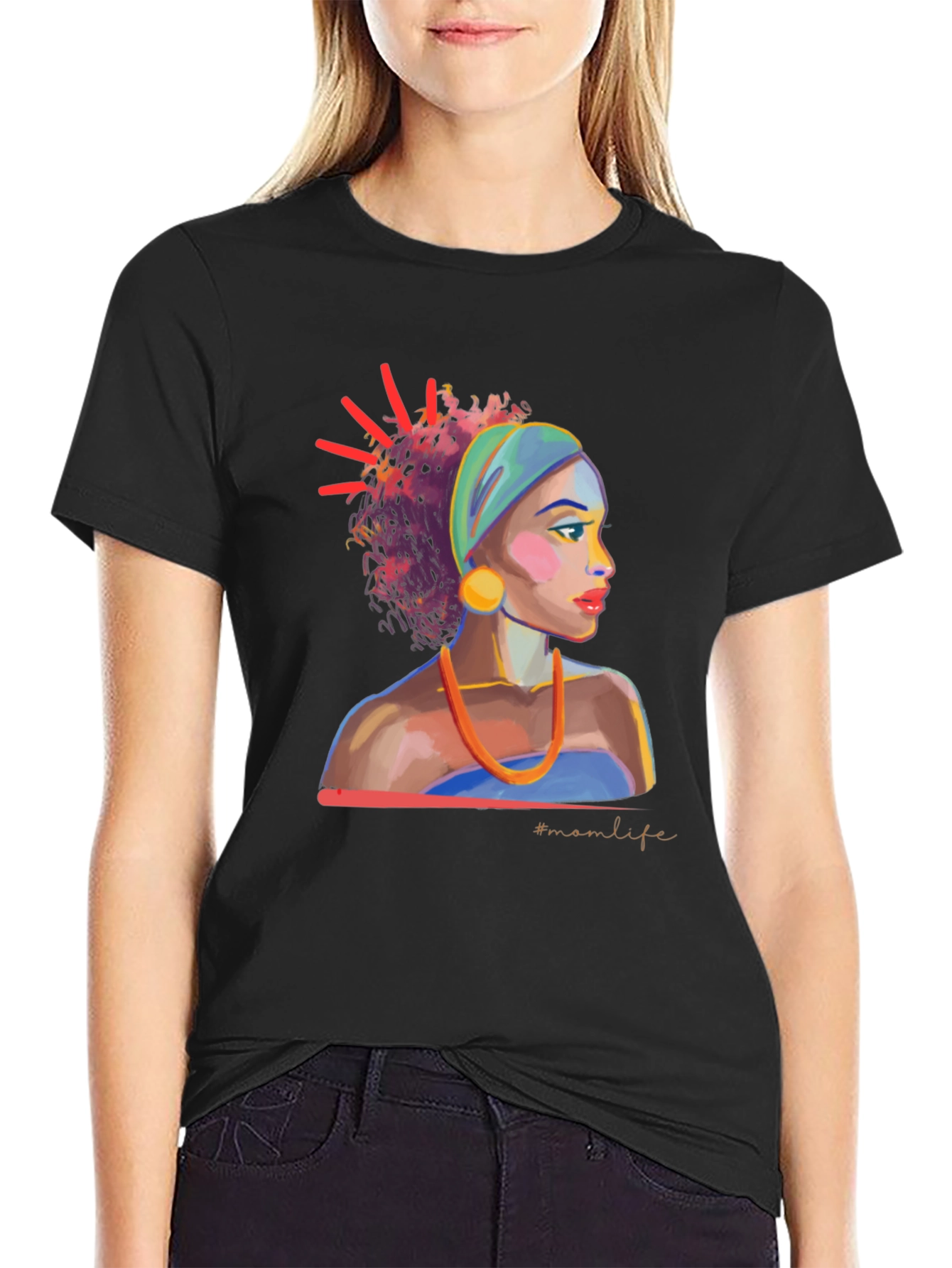 Stylish Black T-Shirt with Woman Portrait