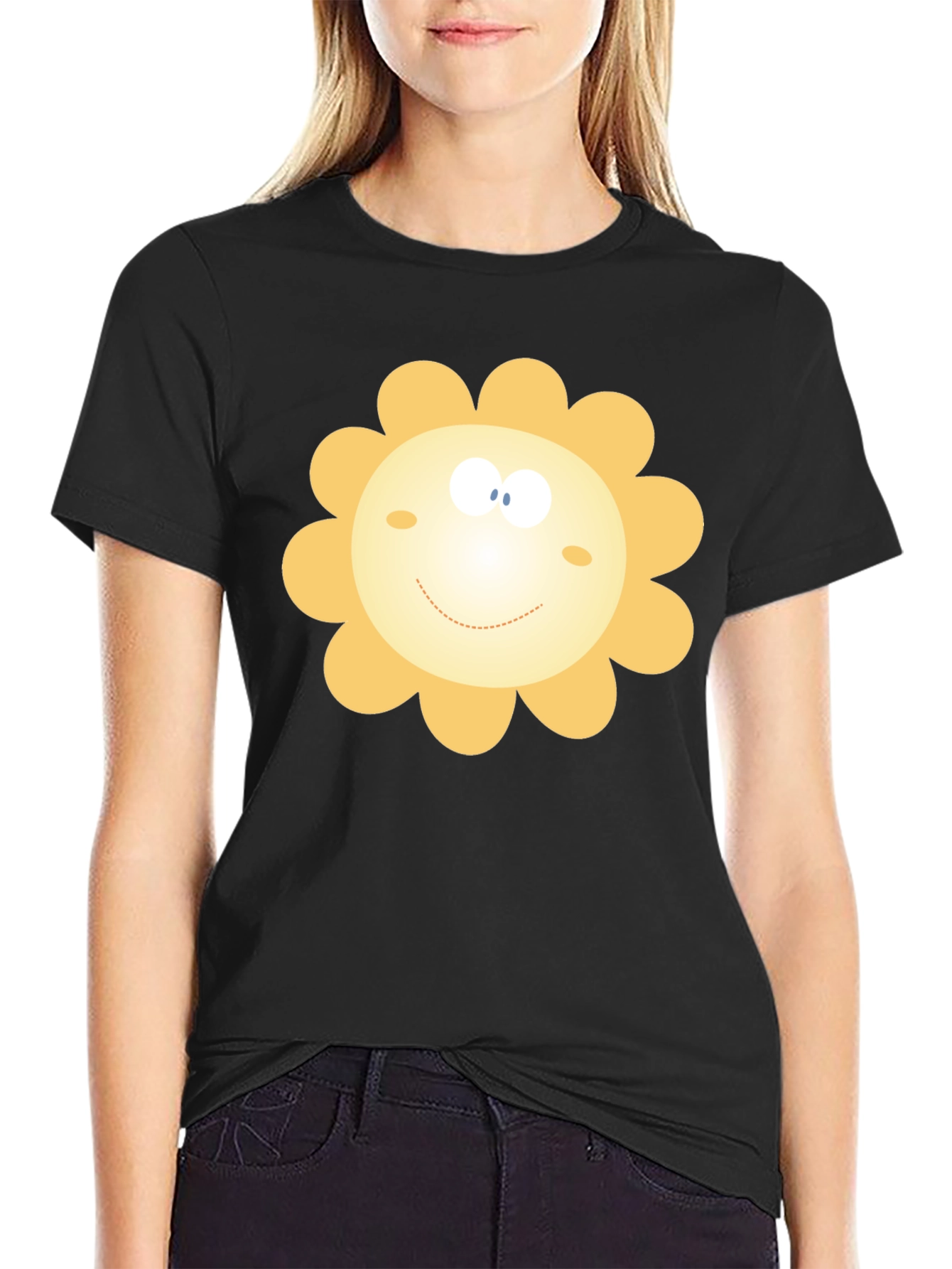 Happy Sunflower Graphic Black T-Shirt