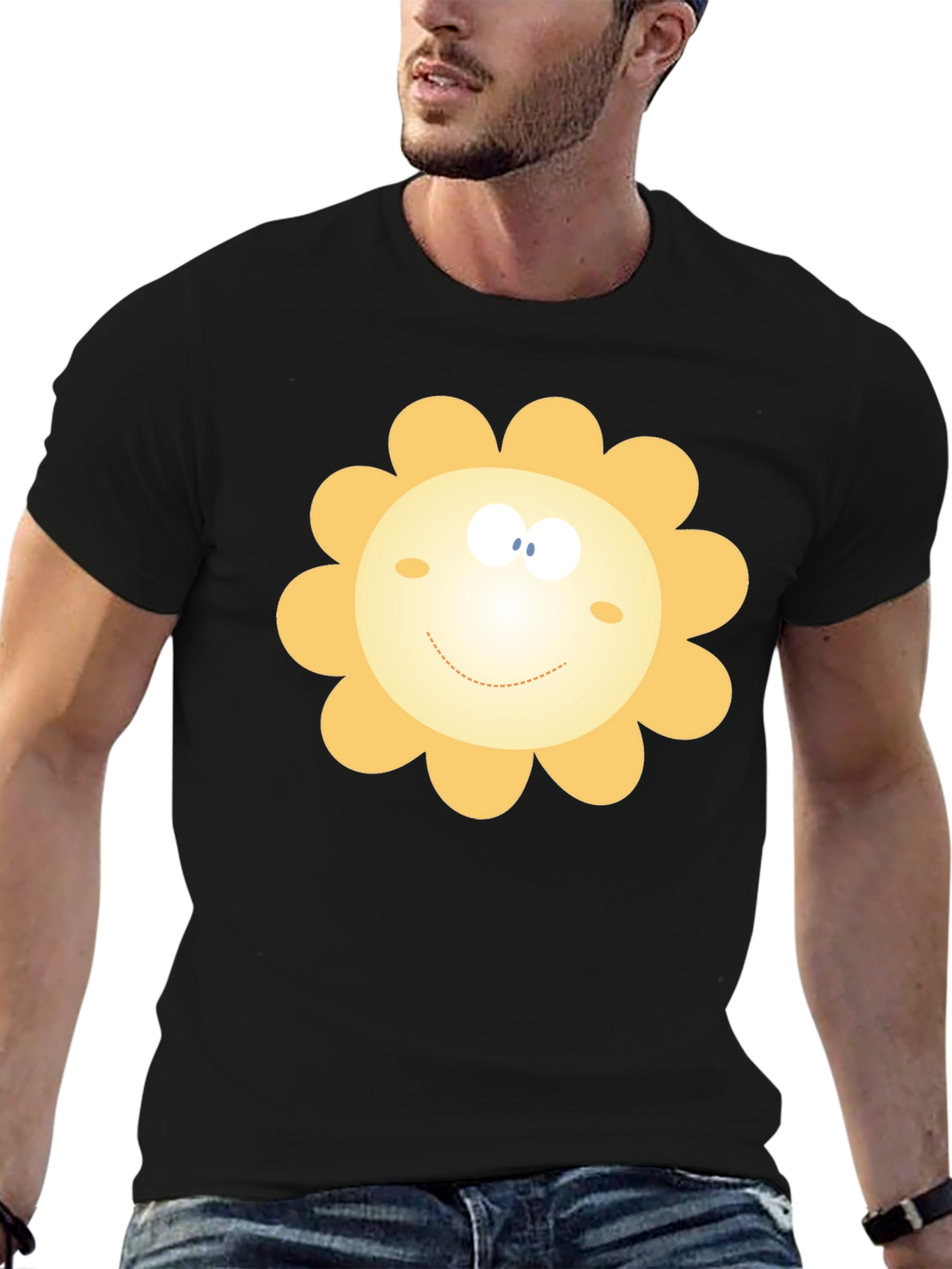 Happy Sunflower Graphic Black T-Shirt
