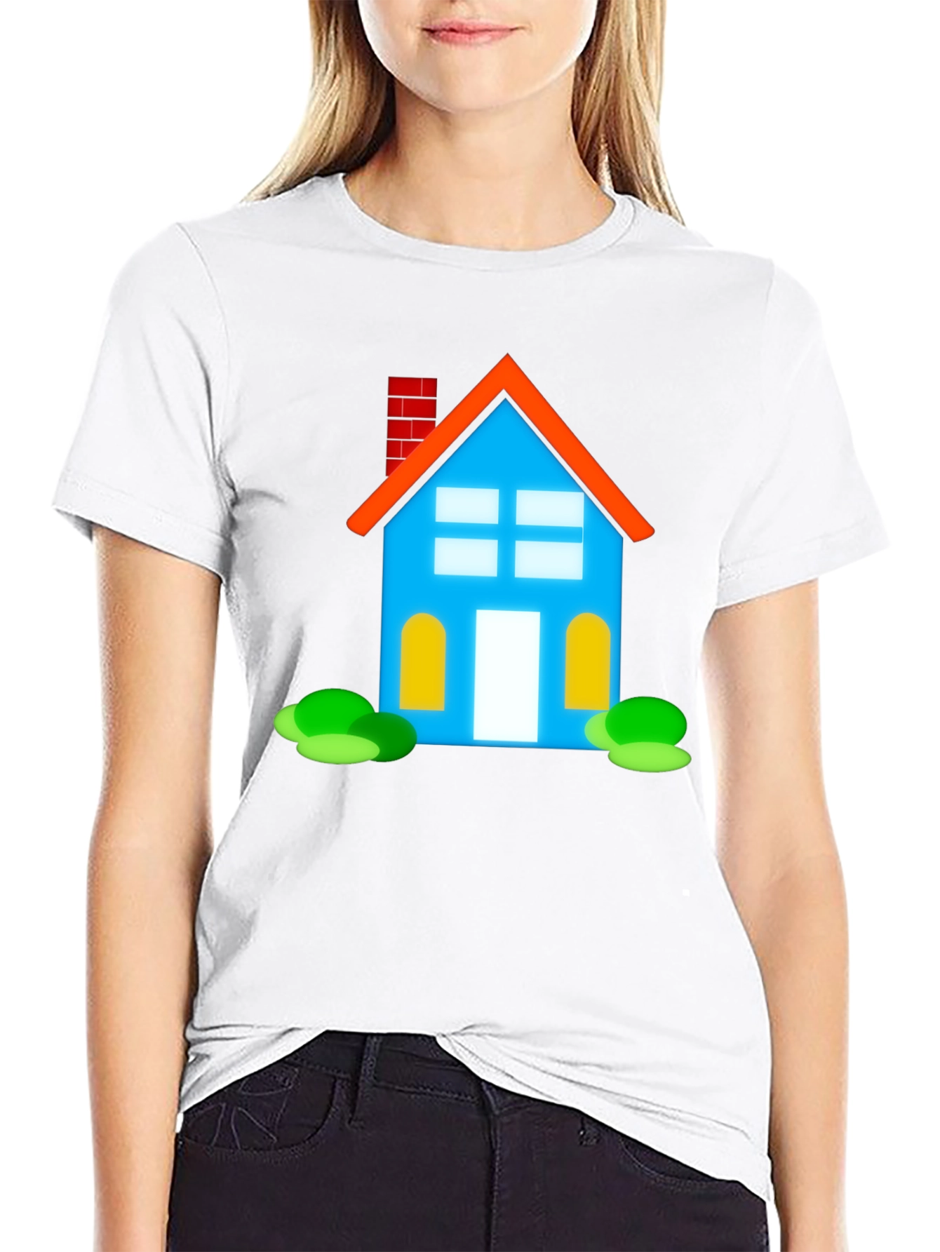 Cartoon House Graphic Tee - Black Cotton Casual Shirt
