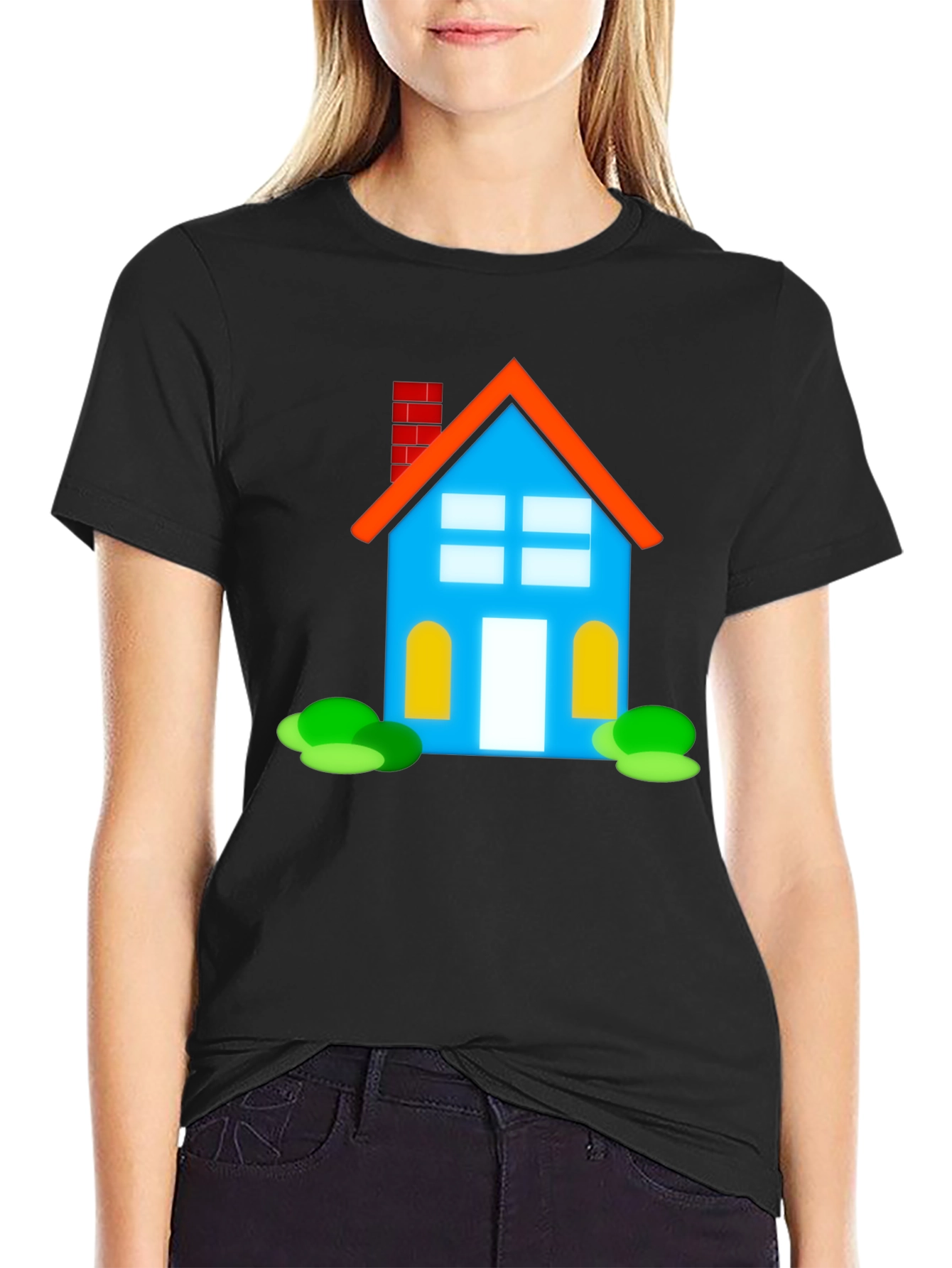 Cartoon House Graphic Tee - Black Cotton Casual Shirt