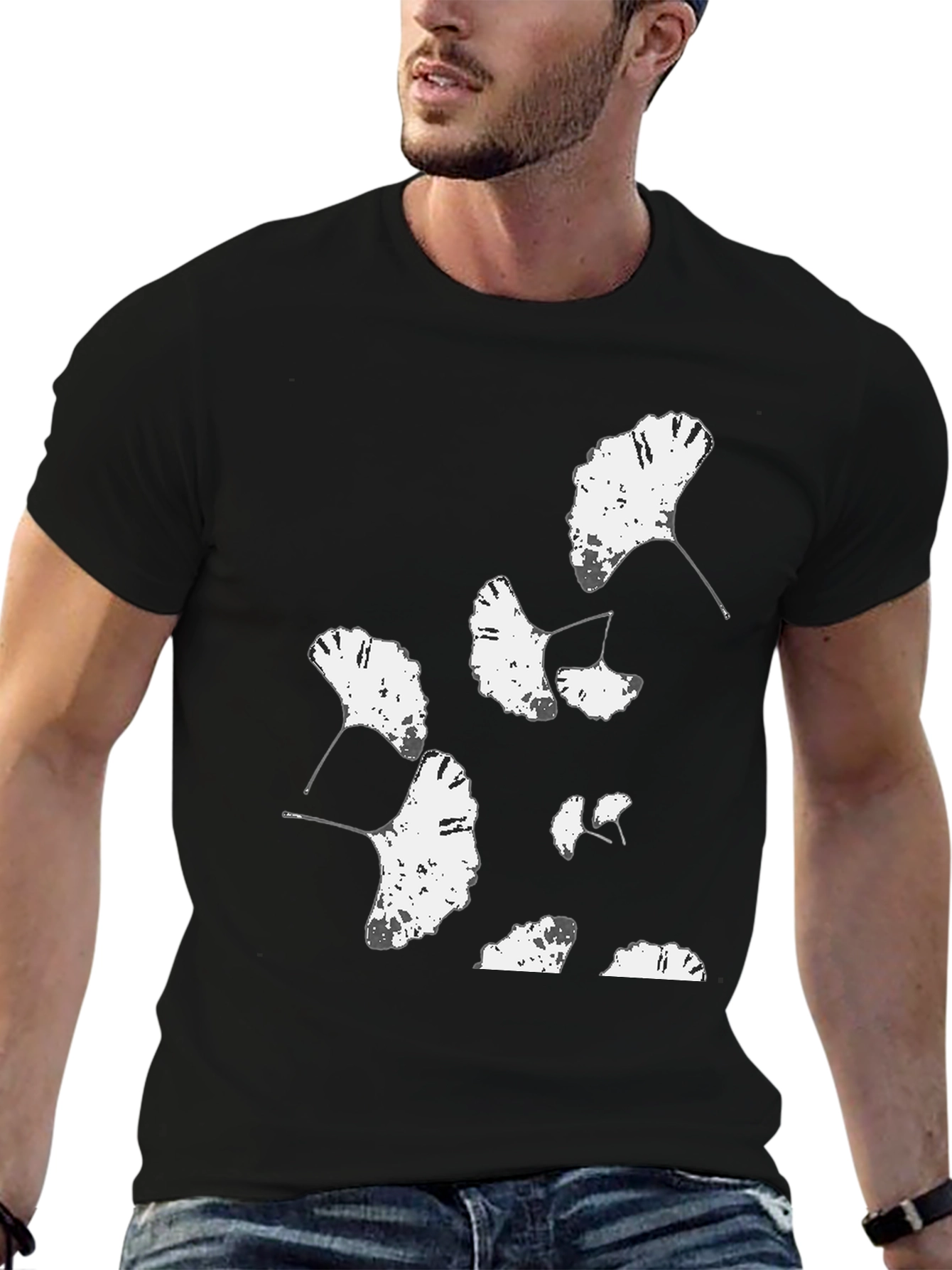 Ginkgo Leaf Print Black T-Shirt