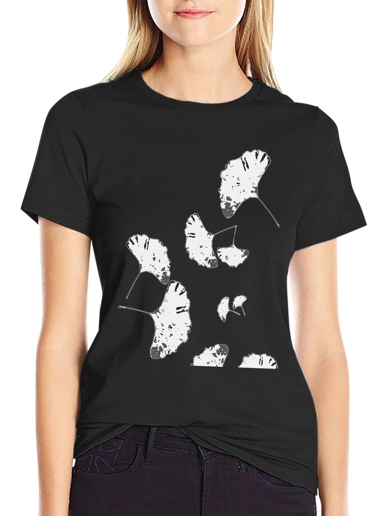 Ginkgo Leaf Print Black T-Shirt