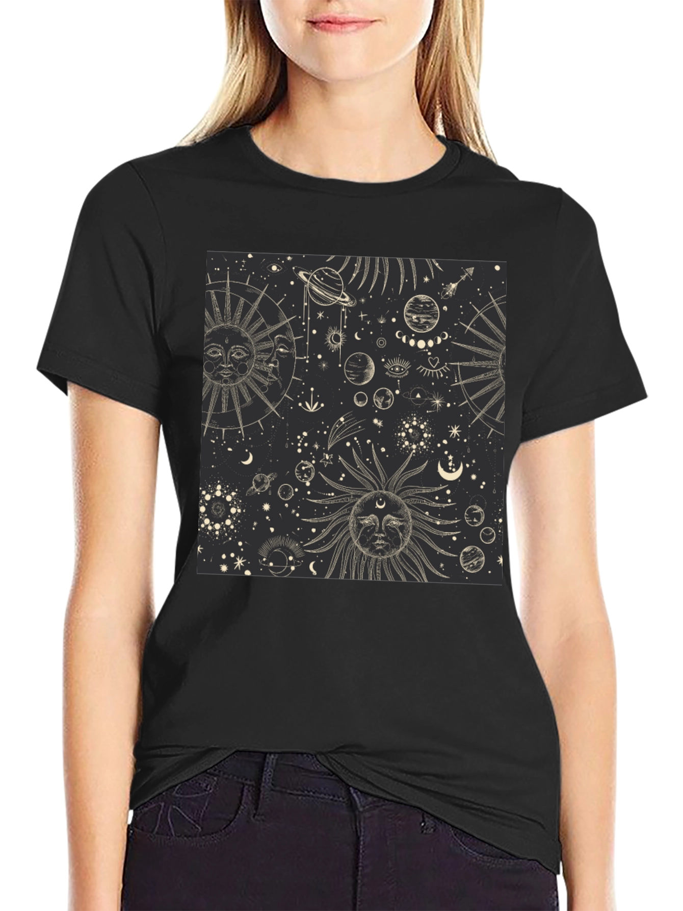 Celestial Sun & Moon Graphic Print Black T-Shirt