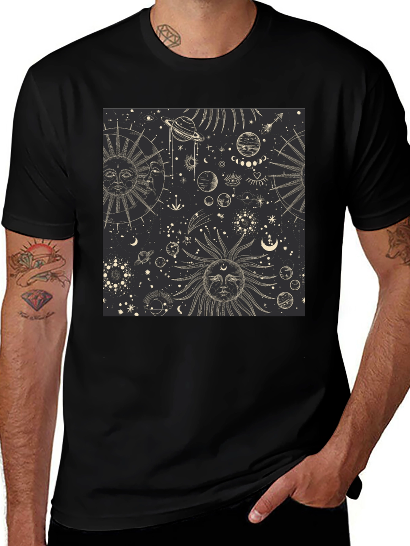 Celestial Sun & Moon Graphic Print Black T-Shirt