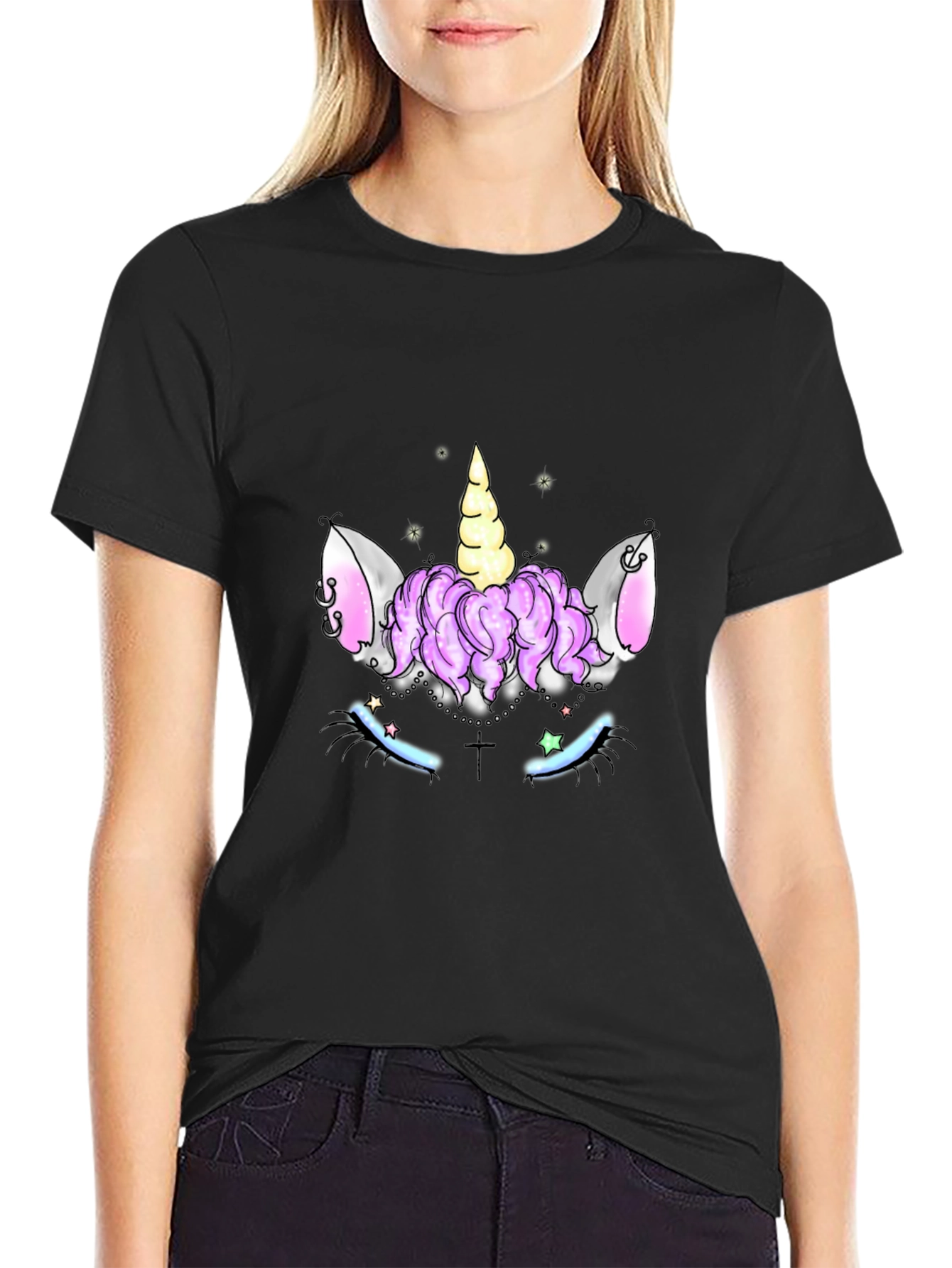 Unicorn Face Graphic Black T-Shirt