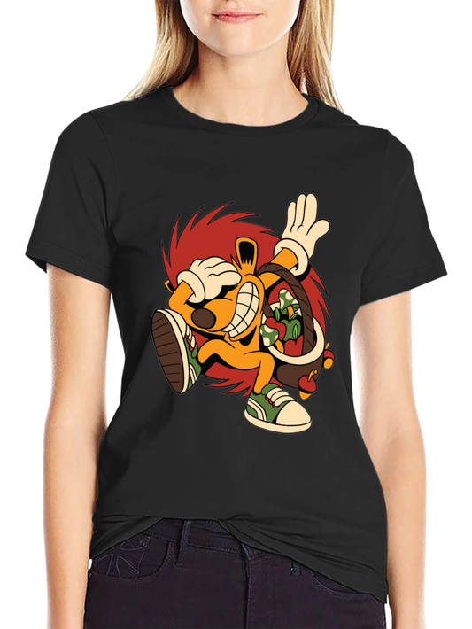 Cartoon Graphic Tee - Black Cotton Casual T-Shirt
