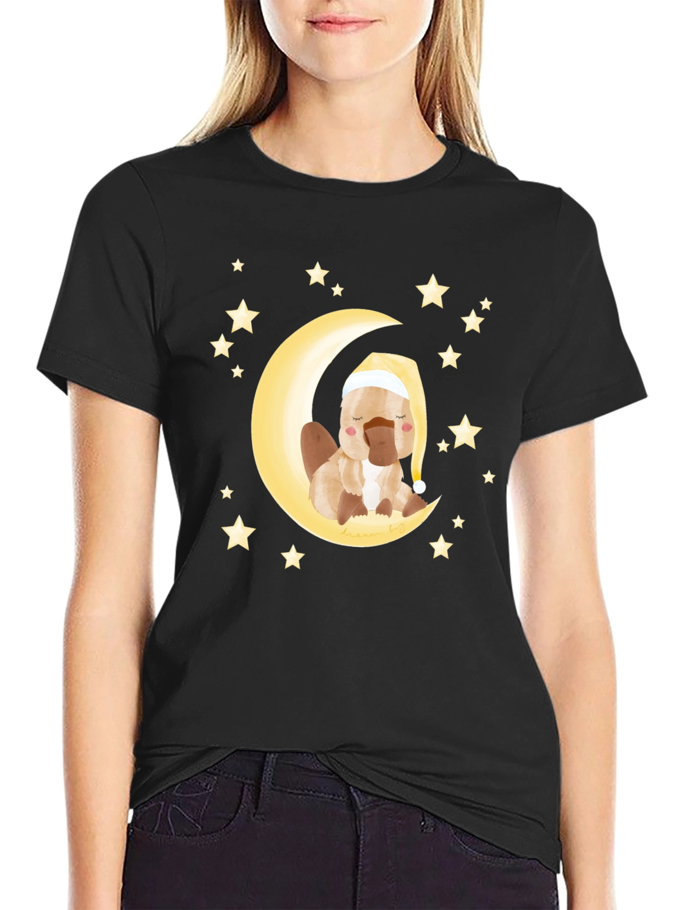 Cute Cartoon Platypus Moon Stars Graphic T-Shirt